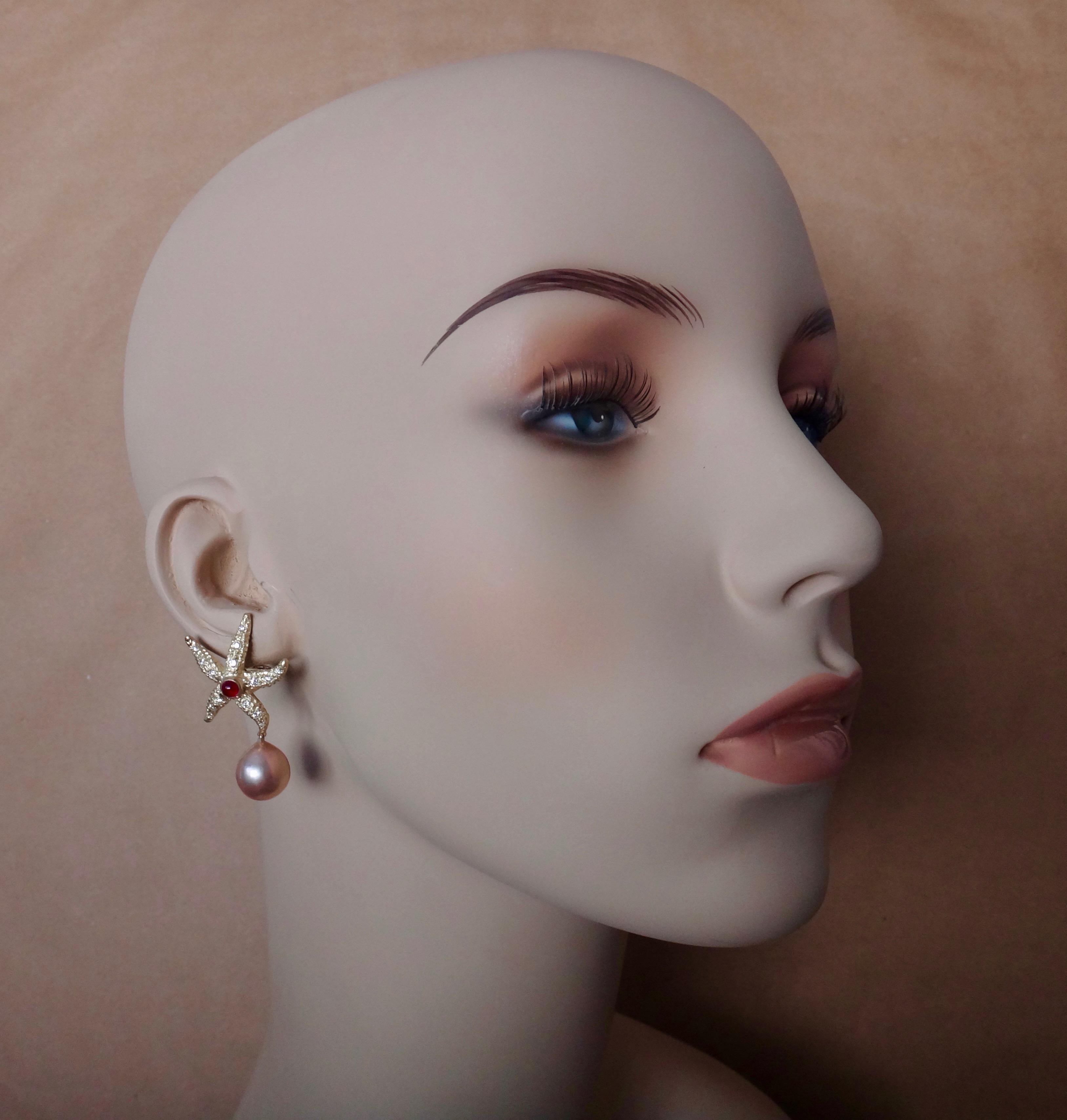 Michael Kneebone Ruby Diamond Kasumi Pearl Starfish Earrings For Sale 1