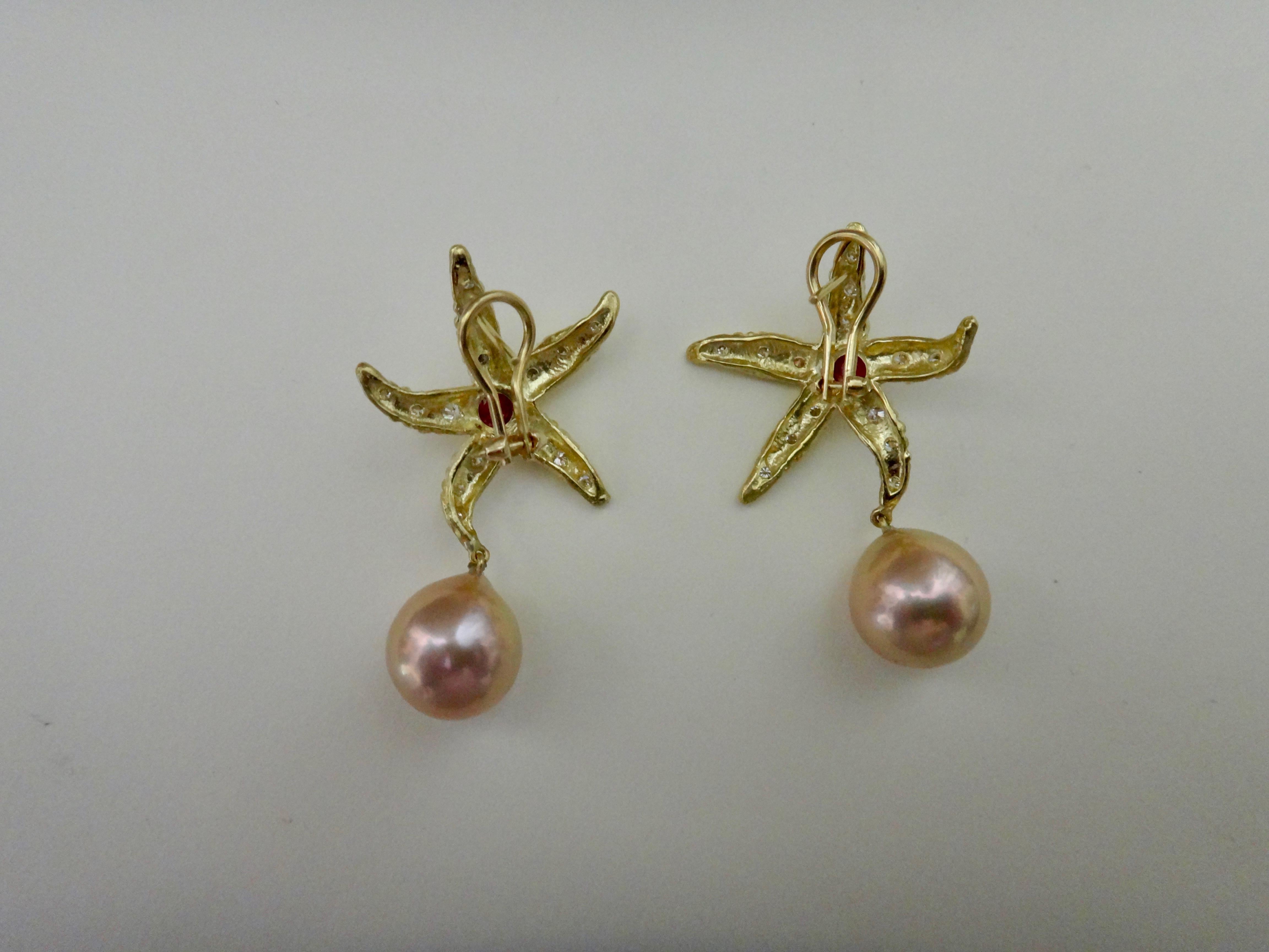 Michael Kneebone Ruby Diamond Kasumi Pearl Starfish Earrings For Sale 2