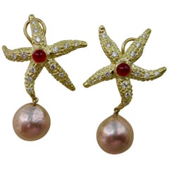 Used Michael Kneebone Ruby Diamond Kasumi Pearl Starfish Earrings