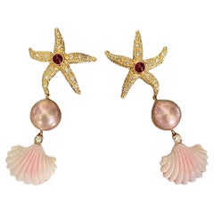 Michael Kneebone Ruby Diamond Pearl Shell Starfish Dangle Earrings