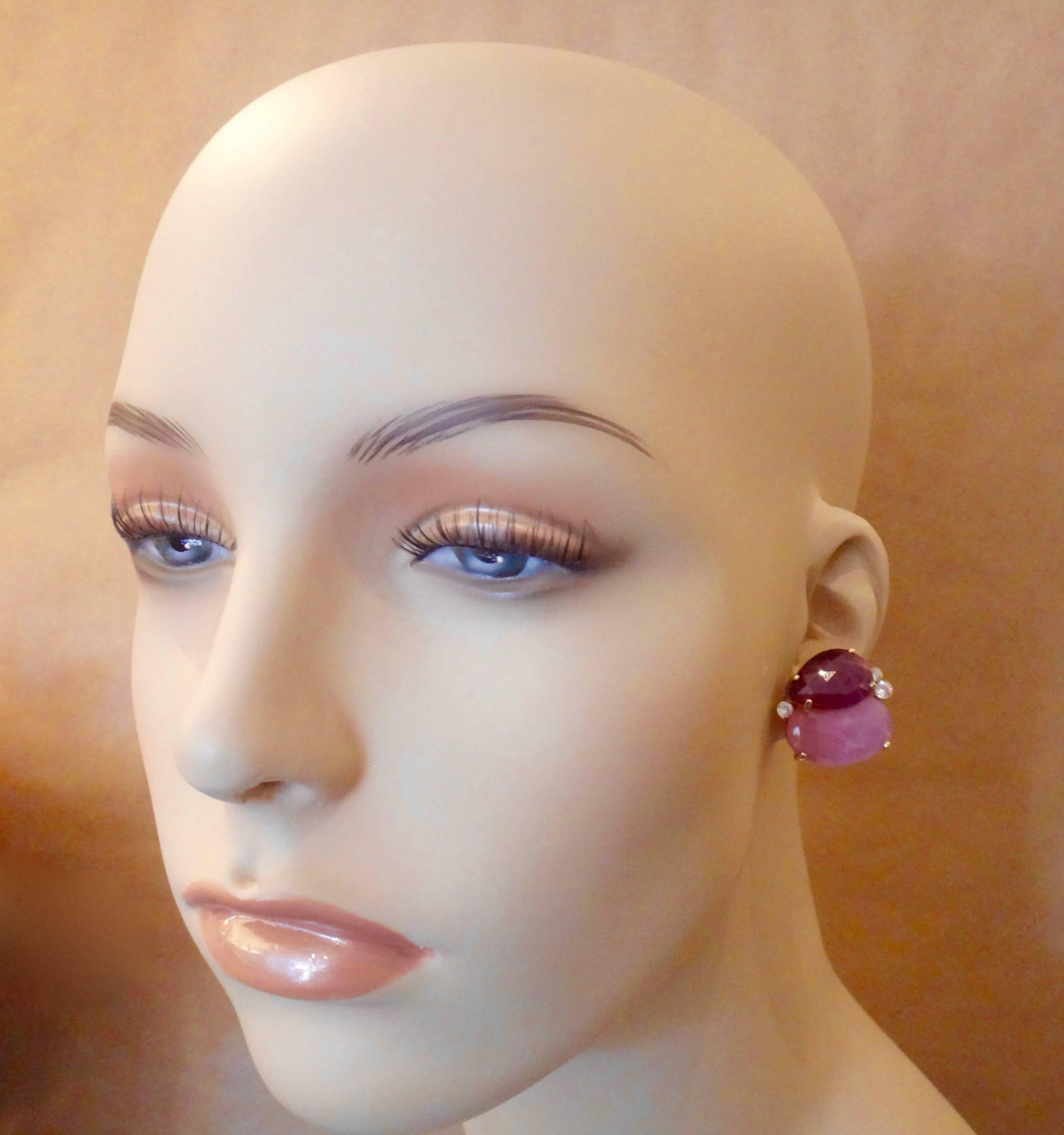 Michael Kneebone Ruby Pink Sapphire Diamond Gold Button Earrings In Excellent Condition In Austin, TX