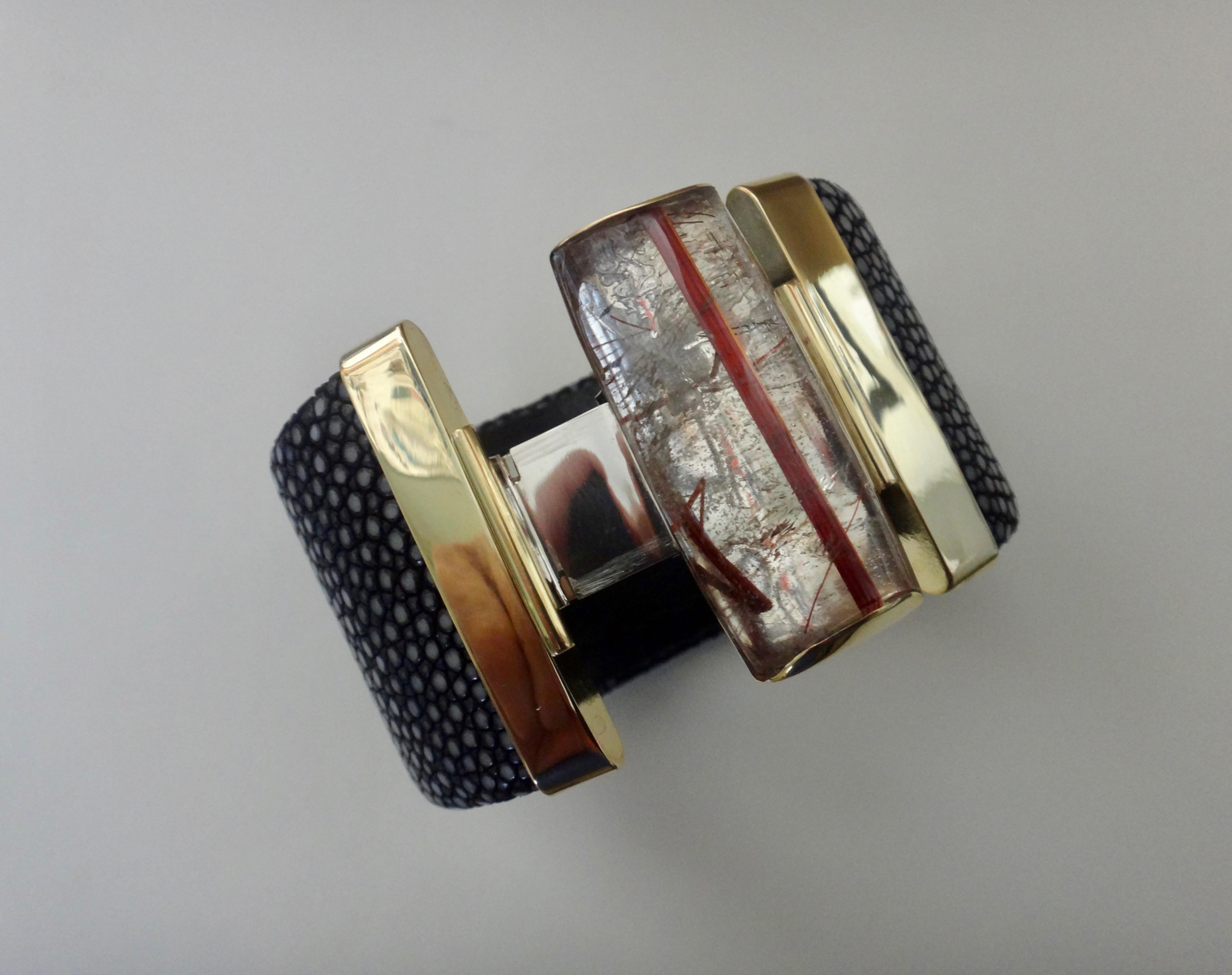 Michael Kneebone Rutilated Quartz Black Stringray Cuff Bracelet For Sale 4