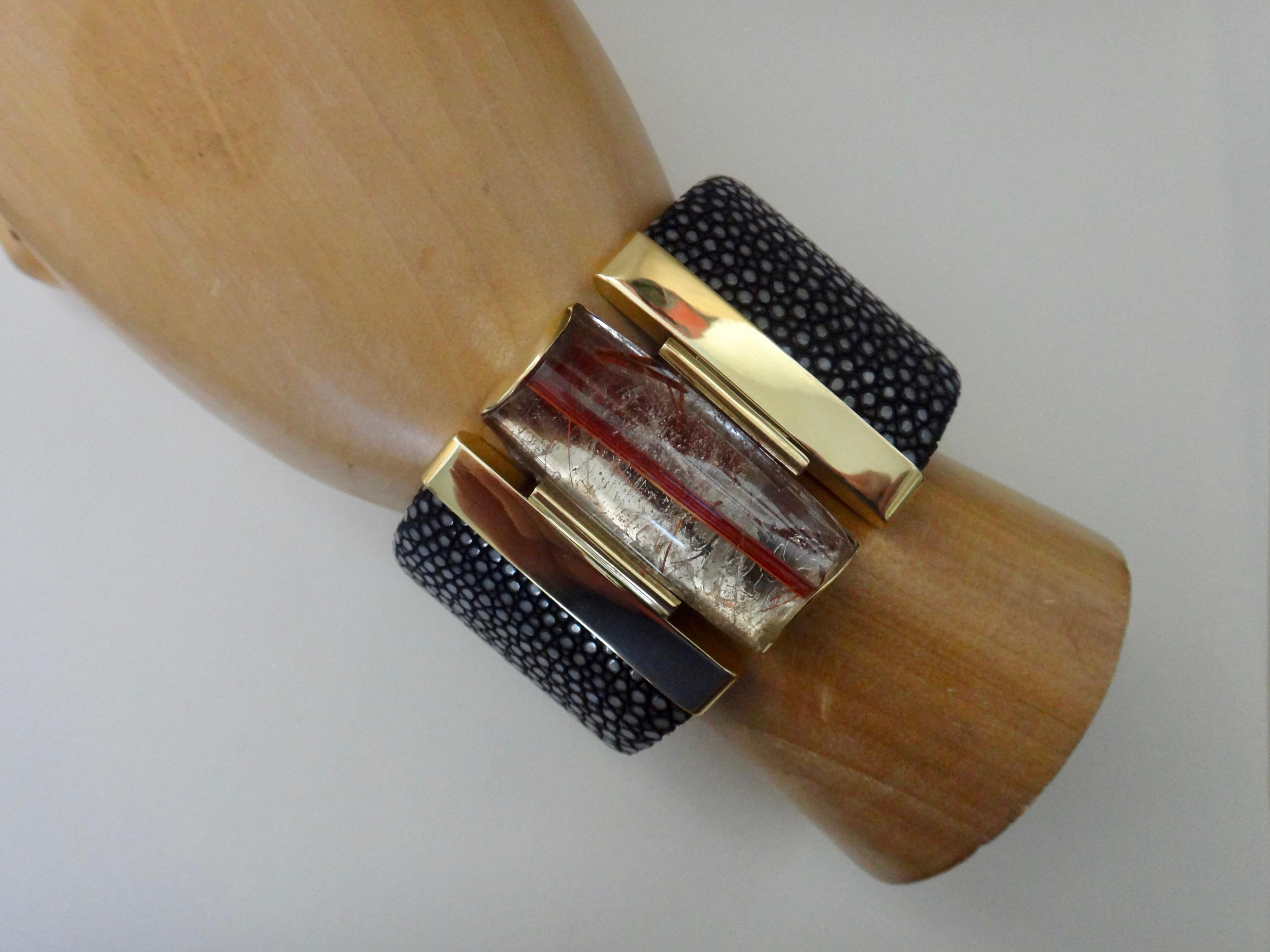 Contemporary Michael Kneebone Rutilated Quartz Black Stringray Cuff Bracelet For Sale