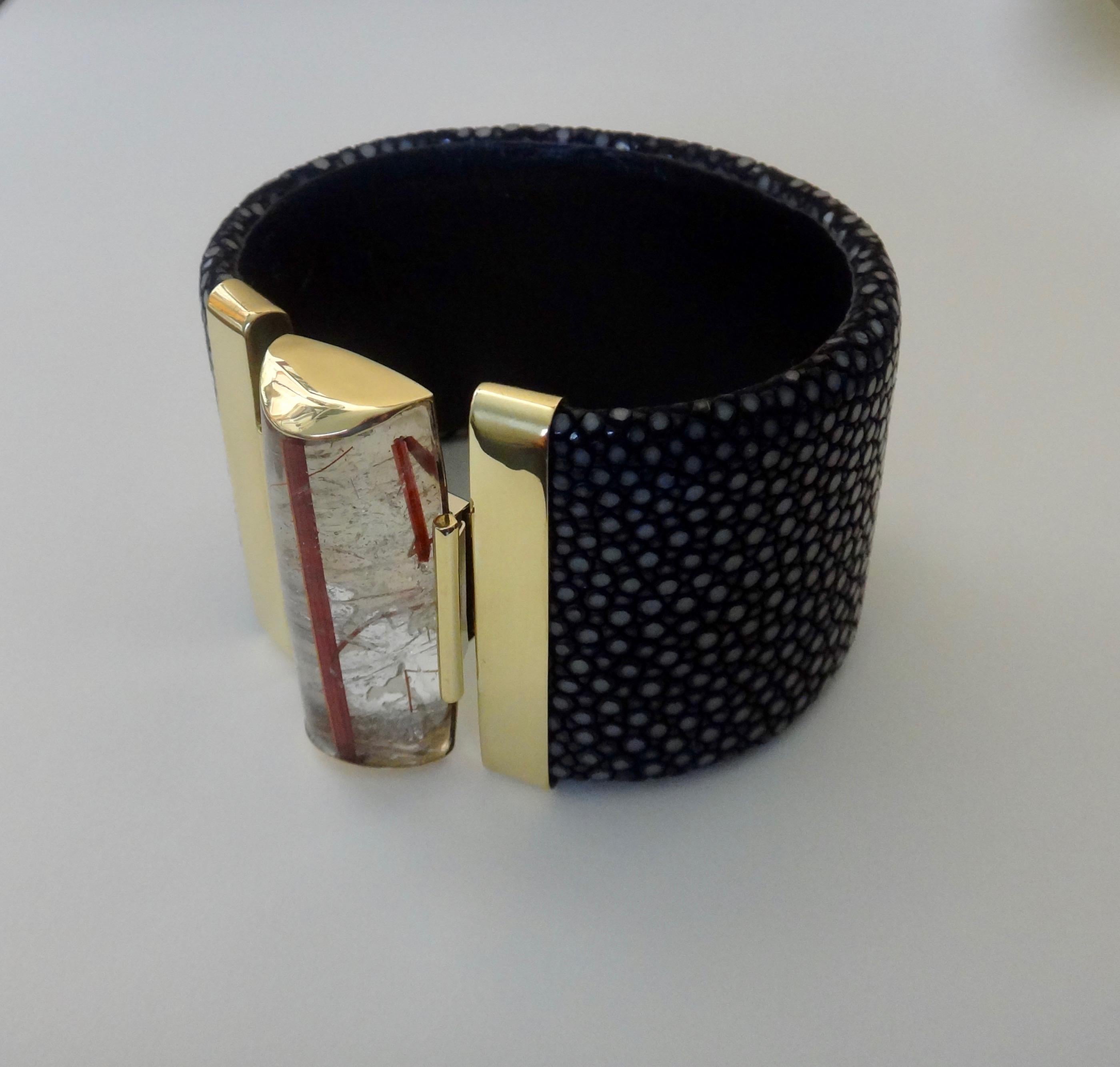 Women's or Men's Michael Kneebone Rutilated Quartz Black Stringray Cuff Bracelet For Sale
