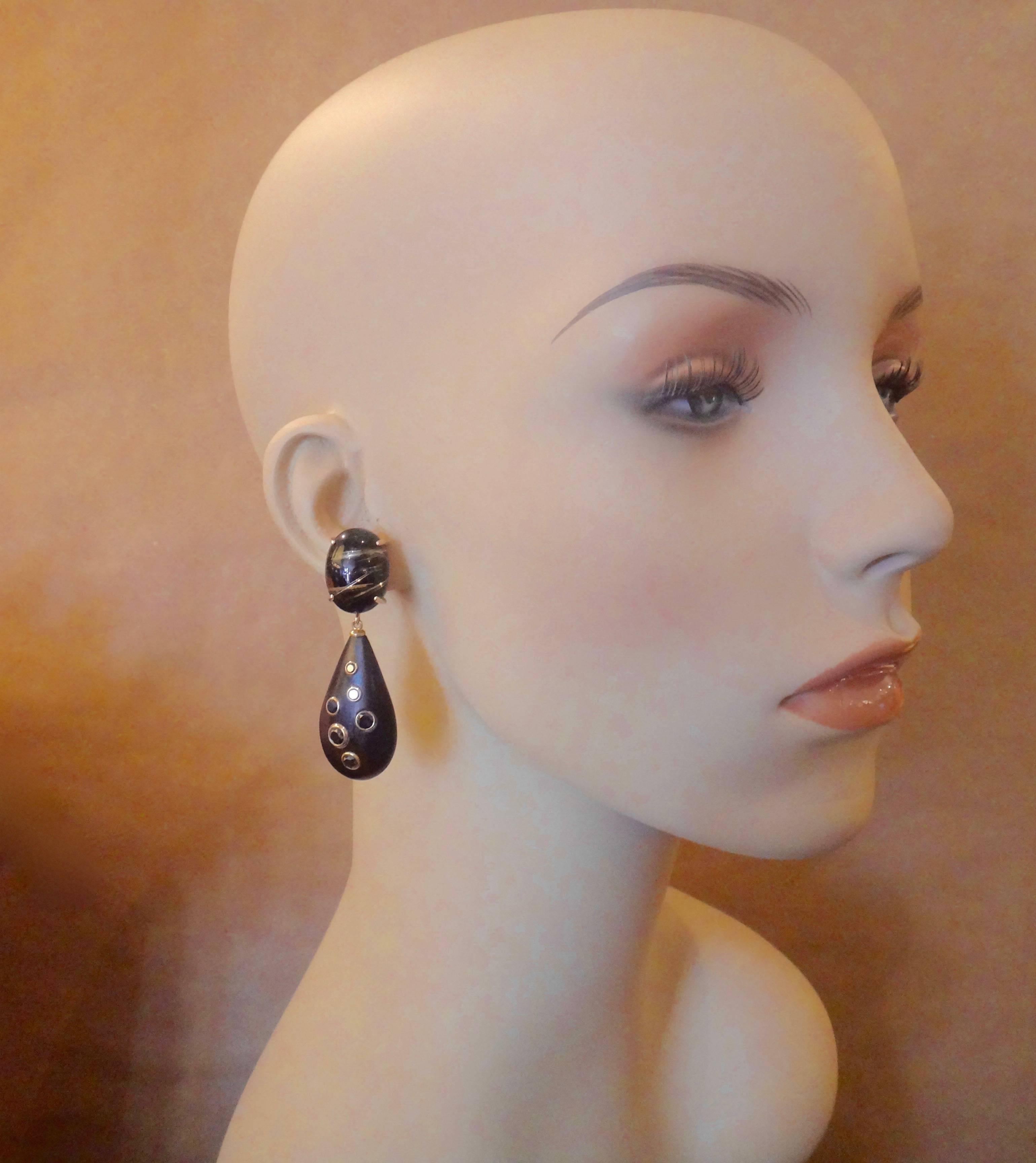 Women's Michael Kneebone Rutilated Quartz Ebony Black Diamond Gold Dangle Earrings