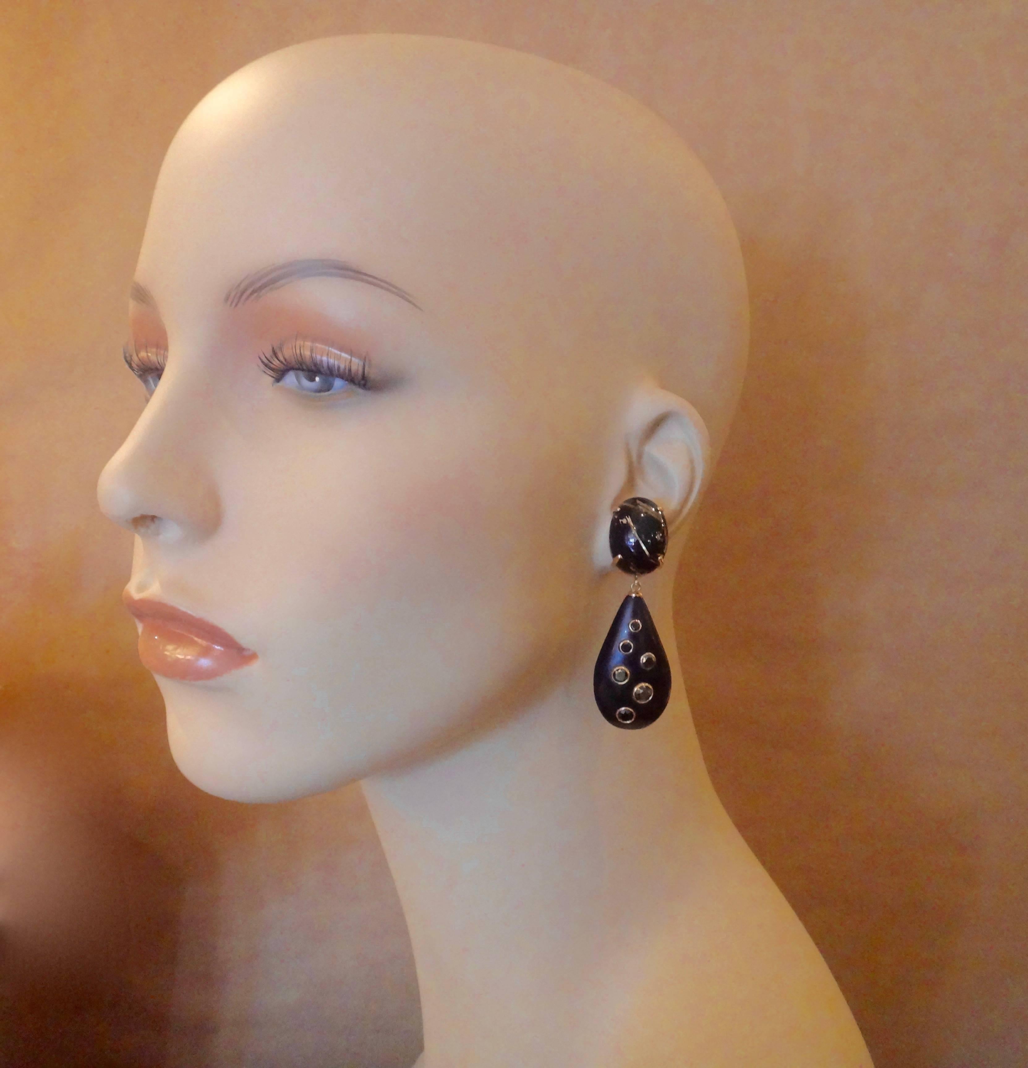 Michael Kneebone Rutilated Quartz Ebony Black Diamond Gold Dangle Earrings 1