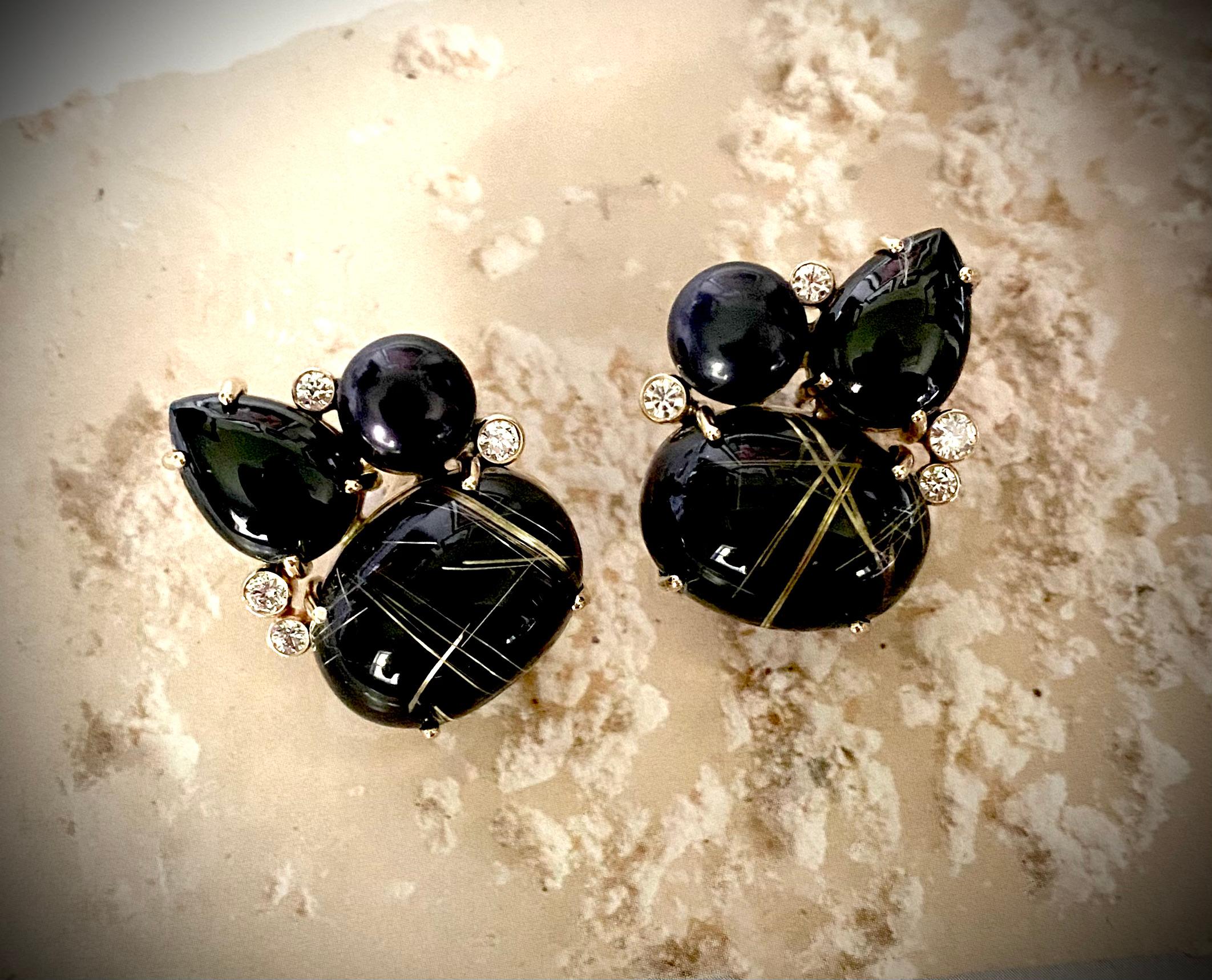 Contemporary Michael Kneebone Rutilated Quartz Spinel Diamond Black Pearl Cluster Earrings For Sale