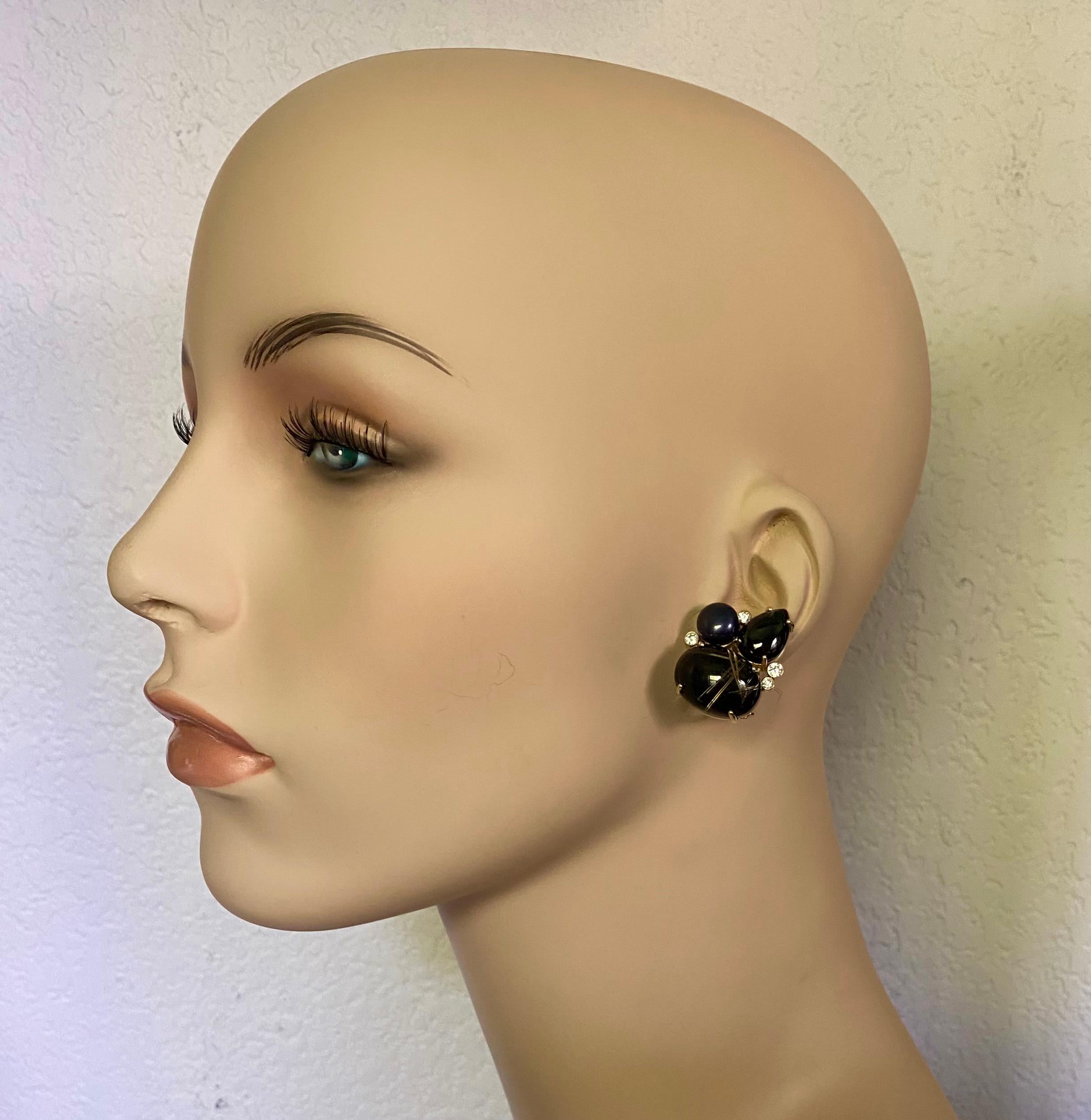 Mixed Cut Michael Kneebone Rutilated Quartz Spinel Diamond Black Pearl Cluster Earrings For Sale