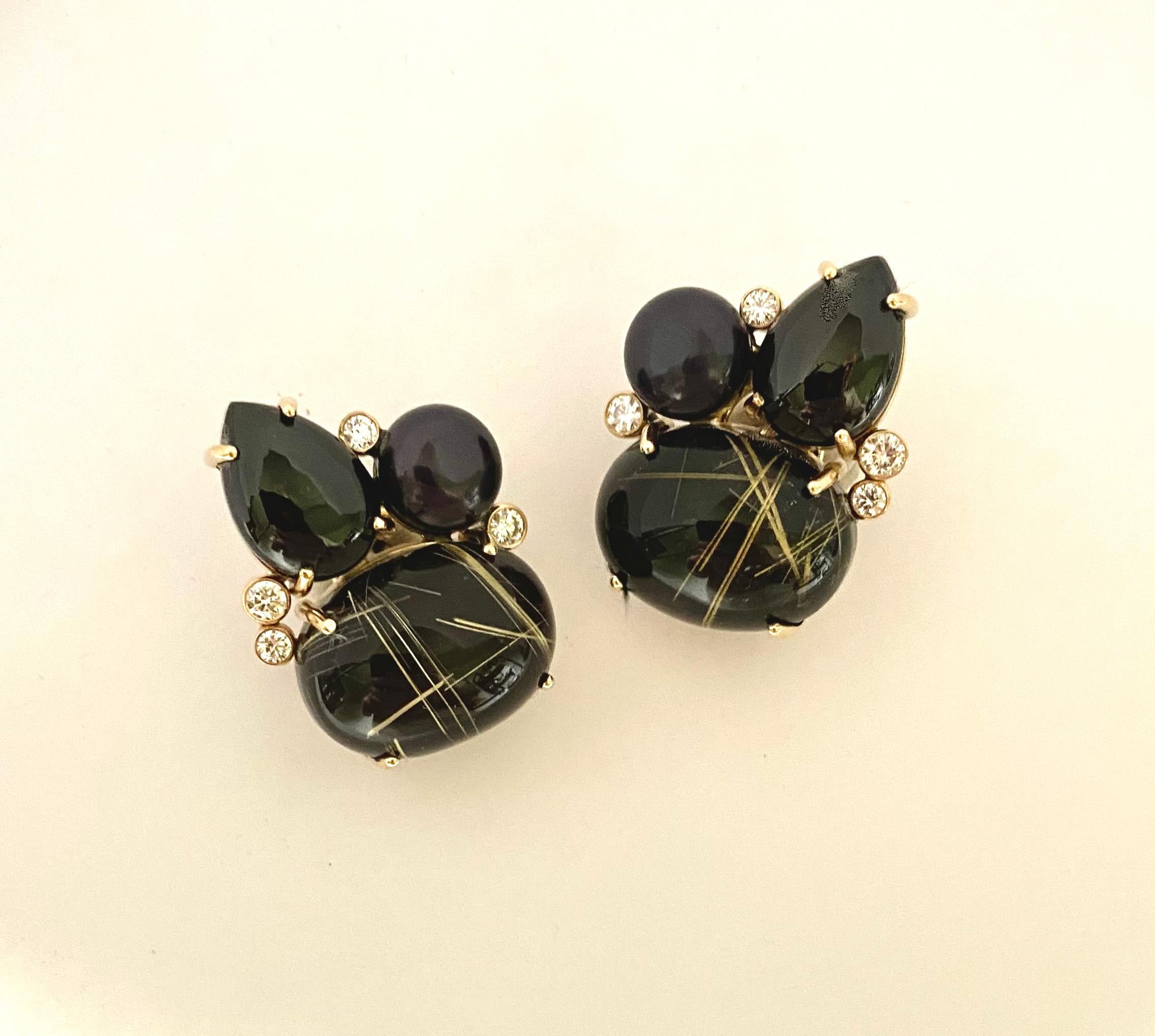 Women's Michael Kneebone Rutilated Quartz Spinel Diamond Black Pearl Cluster Earrings For Sale