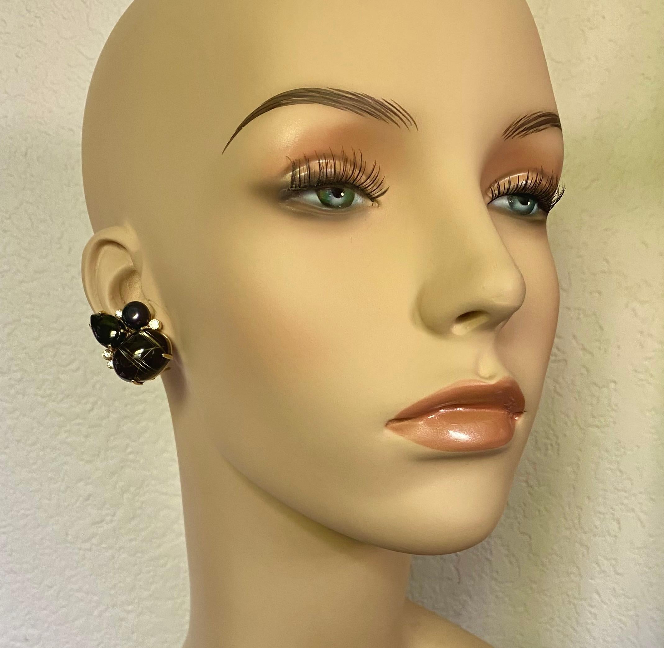 Michael Kneebone Rutilated Quartz Spinel Diamond Black Pearl Cluster Earrings For Sale 1
