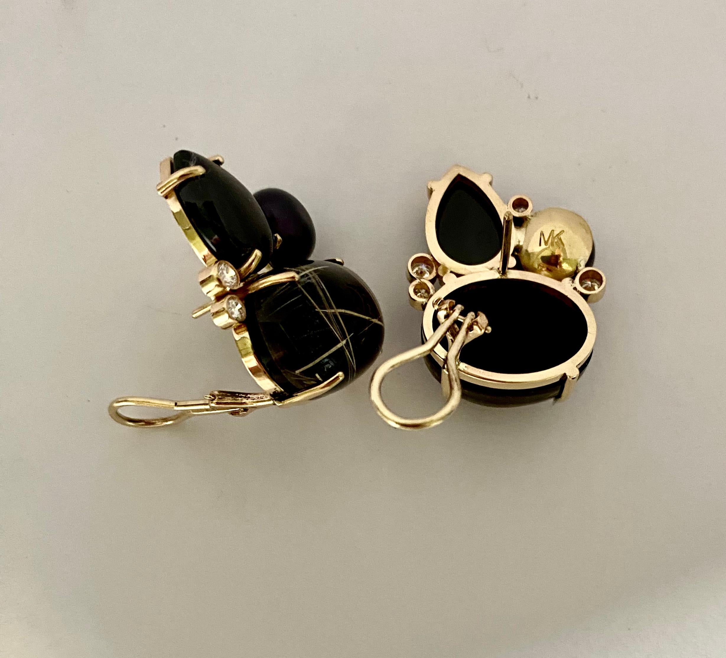 Michael Kneebone Rutilated Quartz Spinel Diamond Black Pearl Cluster Earrings For Sale 2