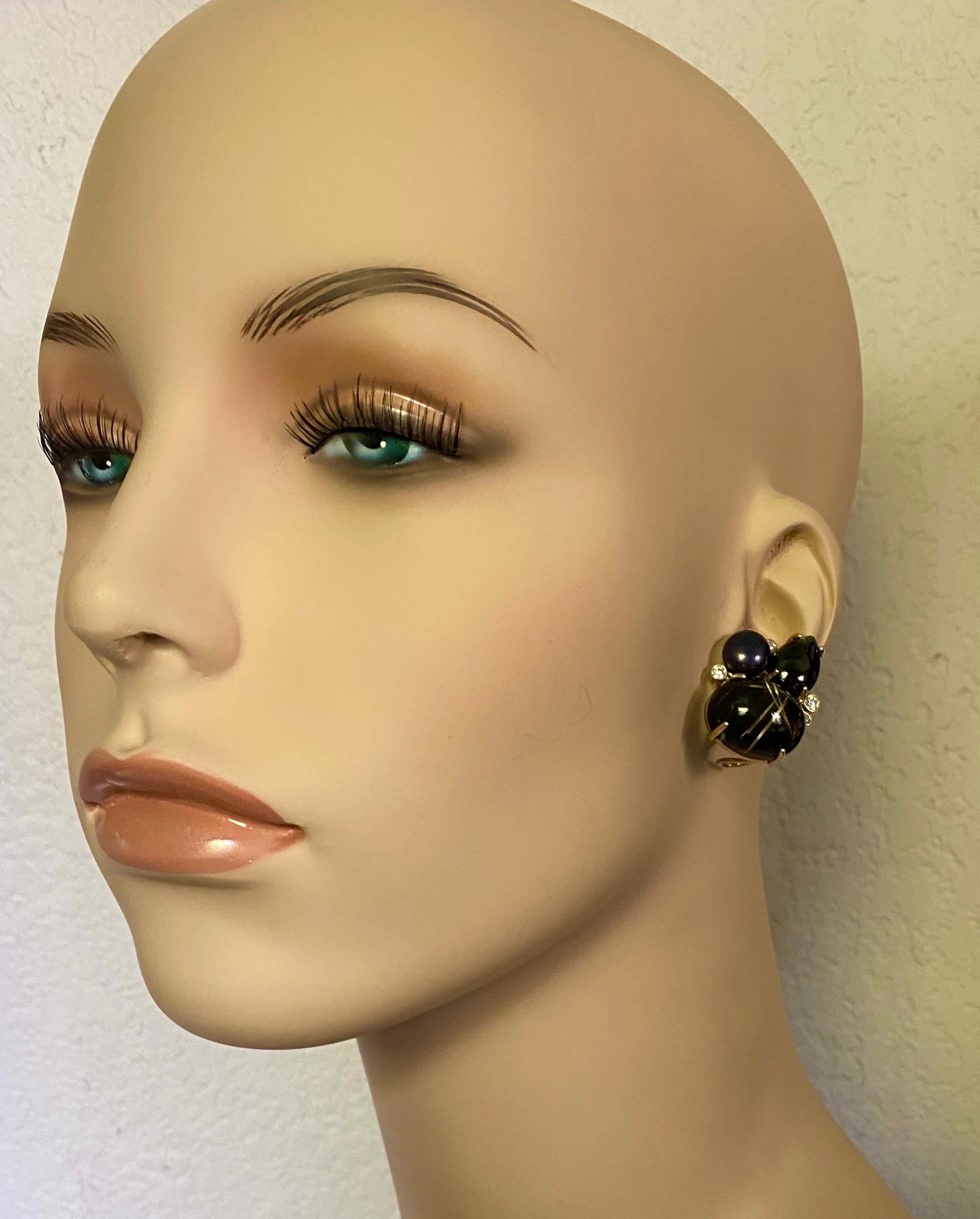 Michael Kneebone Rutilated Quartz Spinel Diamond Black Pearl Cluster Earrings For Sale 3