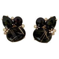 Michael Kneebone Rutilated Quartz Spinel Diamond Black Pearl Cluster Earrings