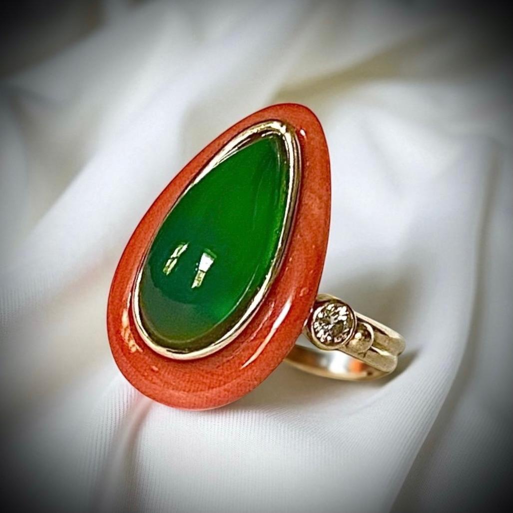 Contemporary Michael Kneebone Satsuma Coral Chrysophrase Diamond Cocktail Ring For Sale