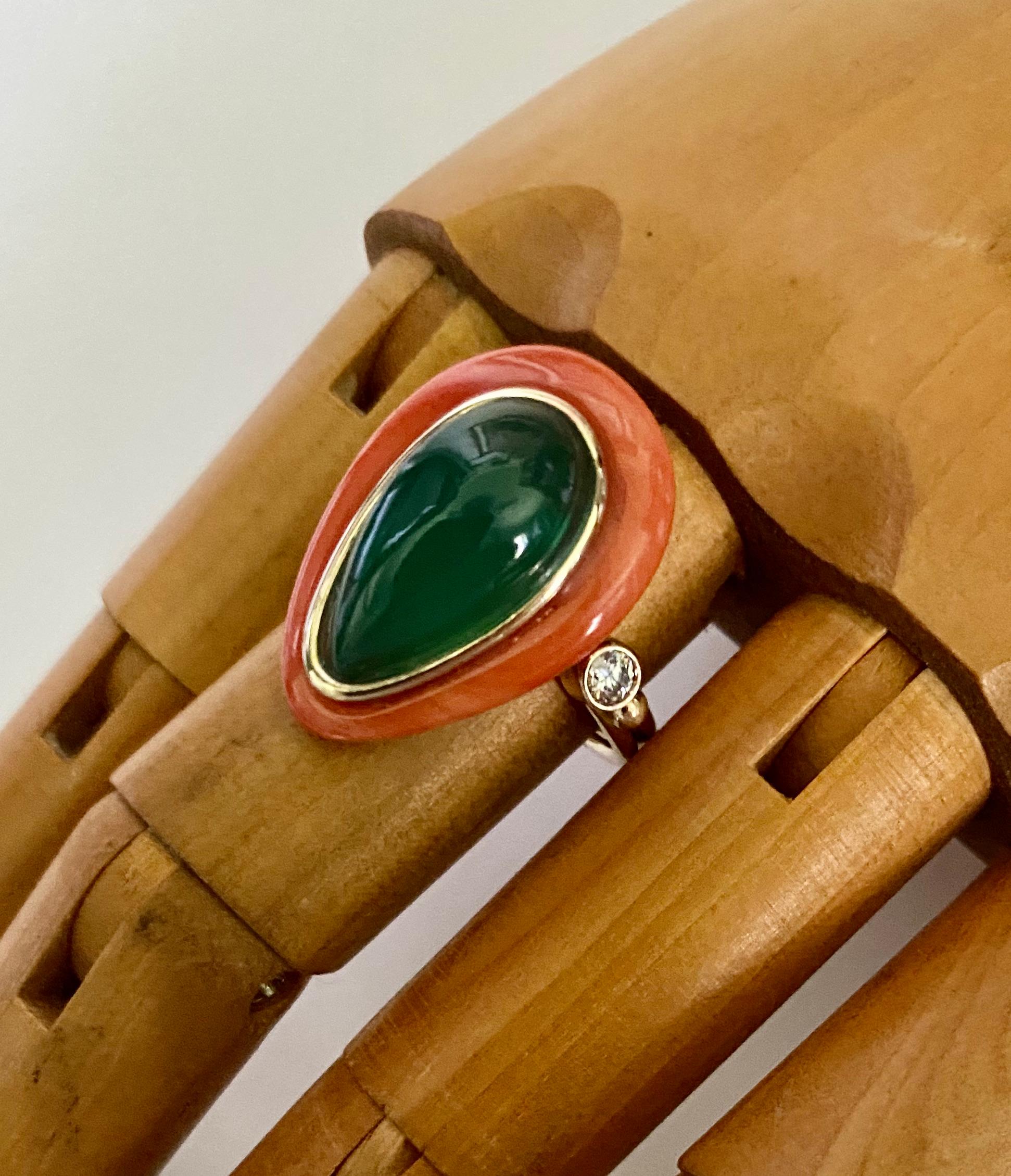 Mixed Cut Michael Kneebone Satsuma Coral Chrysophrase Diamond Cocktail Ring For Sale