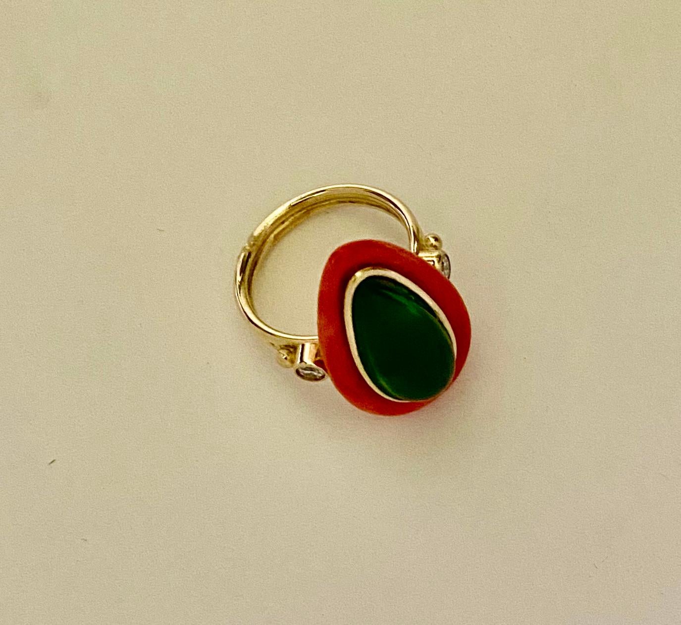 Michael Kneebone Satsuma Coral Chrysophrase Diamond Cocktail Ring In Excellent Condition For Sale In Austin, TX