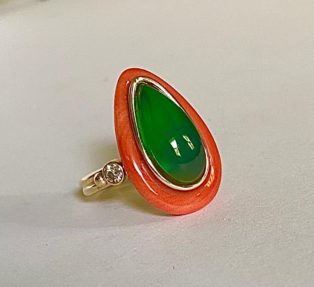 Michael Kneebone Satsuma Coral Chrysophrase Diamond Cocktail Ring For Sale 1