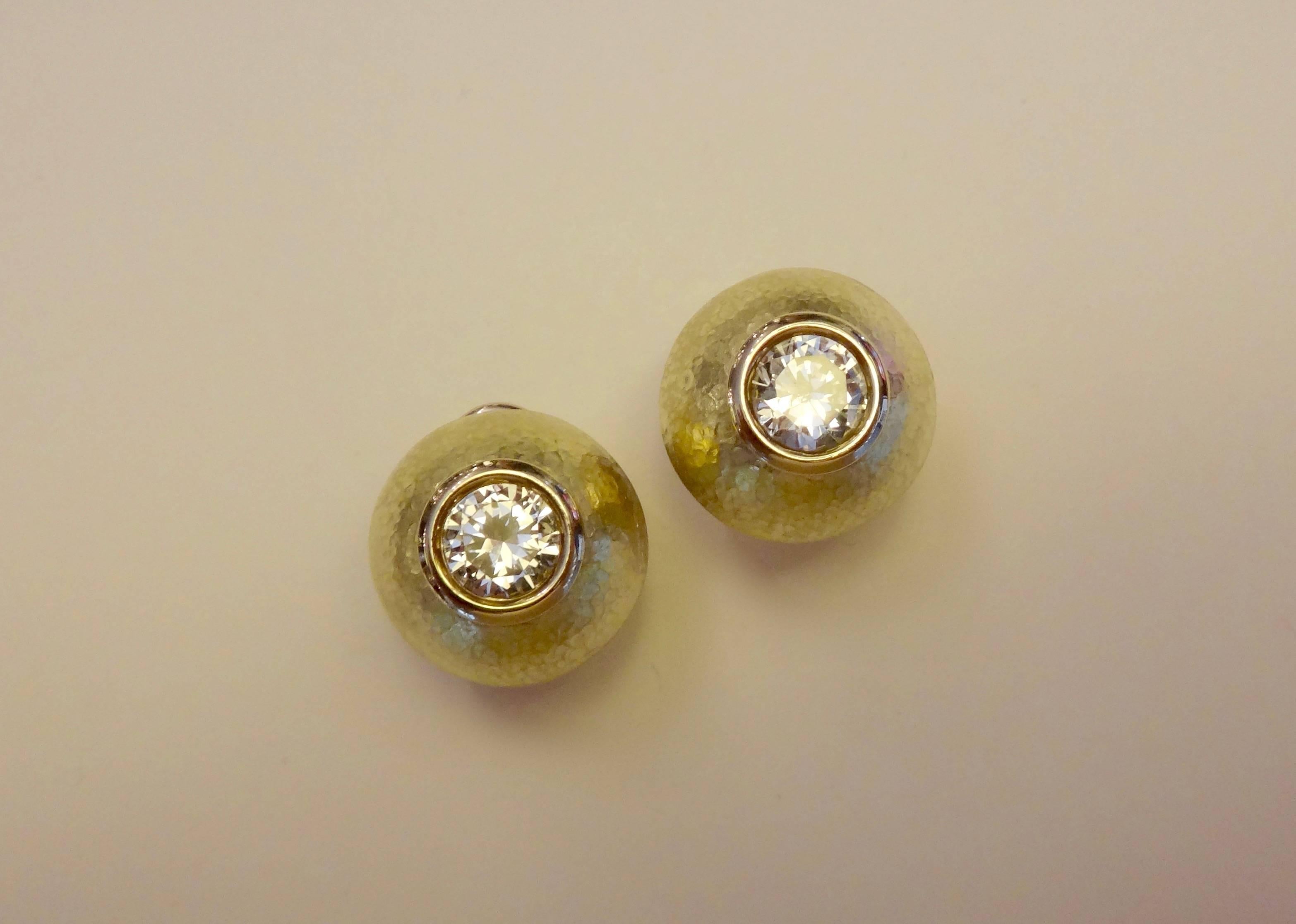 Round Cut Michael Kneebone Silver Sapphire Hammered Gold Dome Button Earrings