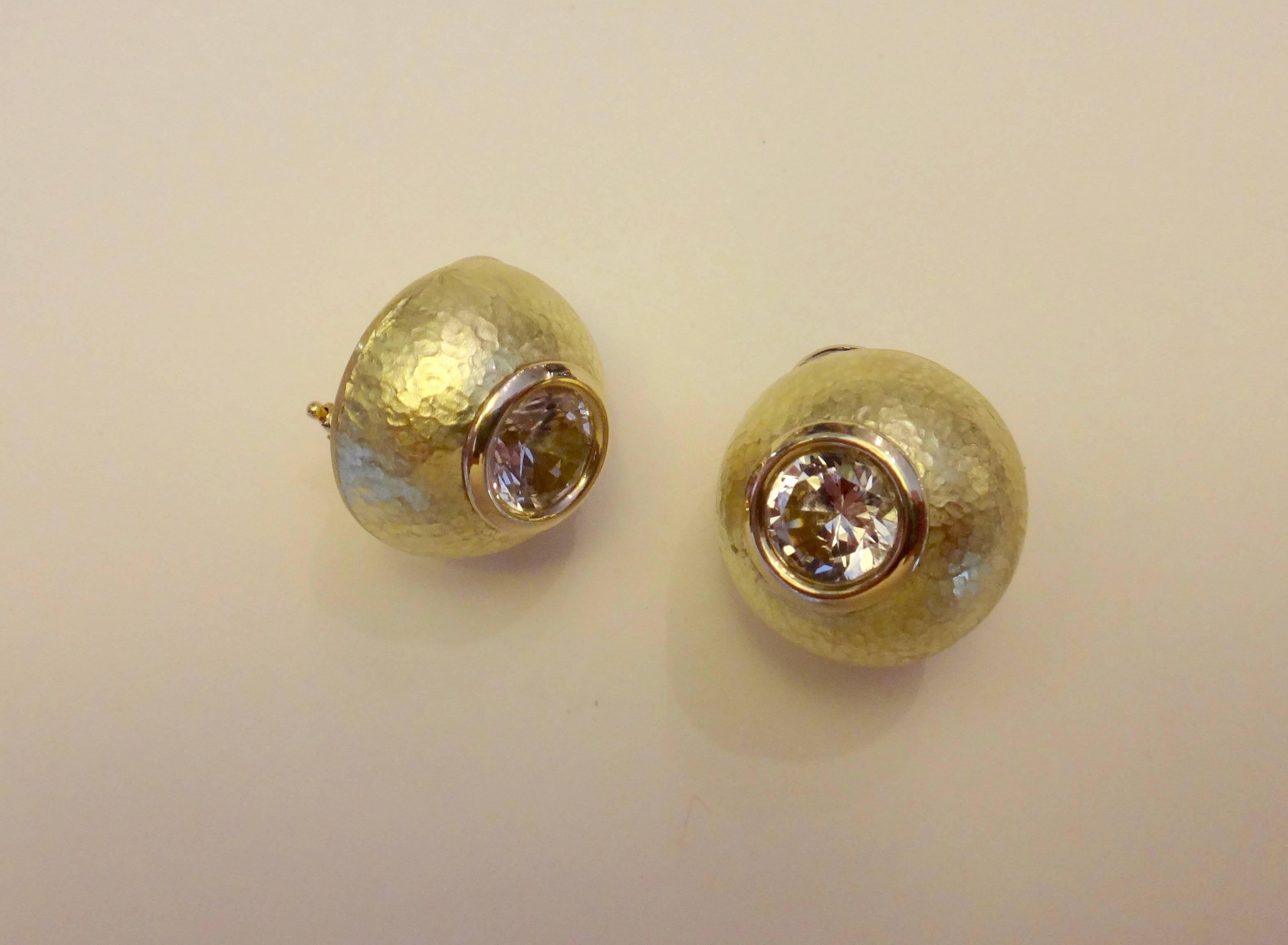 Michael Kneebone Silver Sapphire Hammered Gold Dome Button Earrings 1