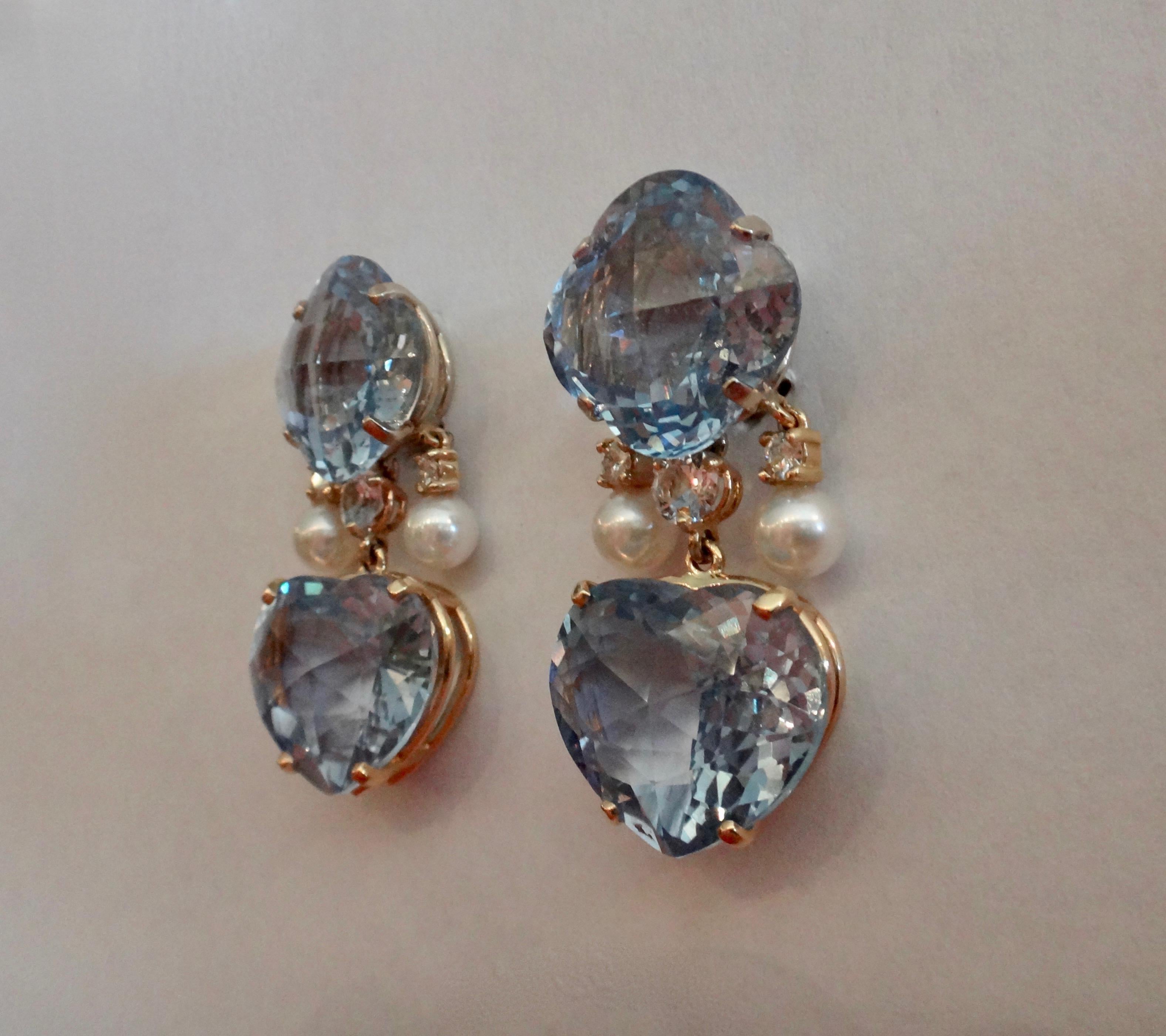 Michael Kneebone Sky Blue Topaz Akoya Pearl Diamond Dangle Earrings In New Condition In Austin, TX