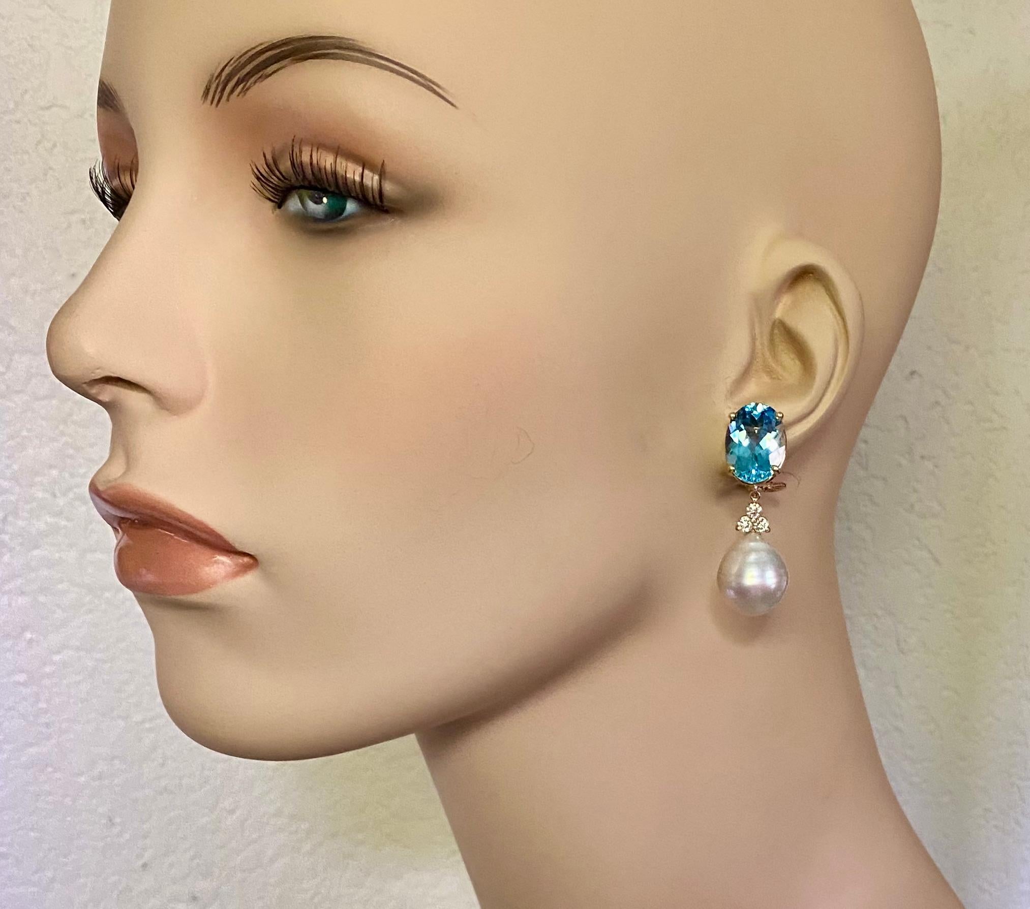 Michael Kneebone Sky Blue Topaz Diamond South Seas Pearl Dangle Earring For Sale 4