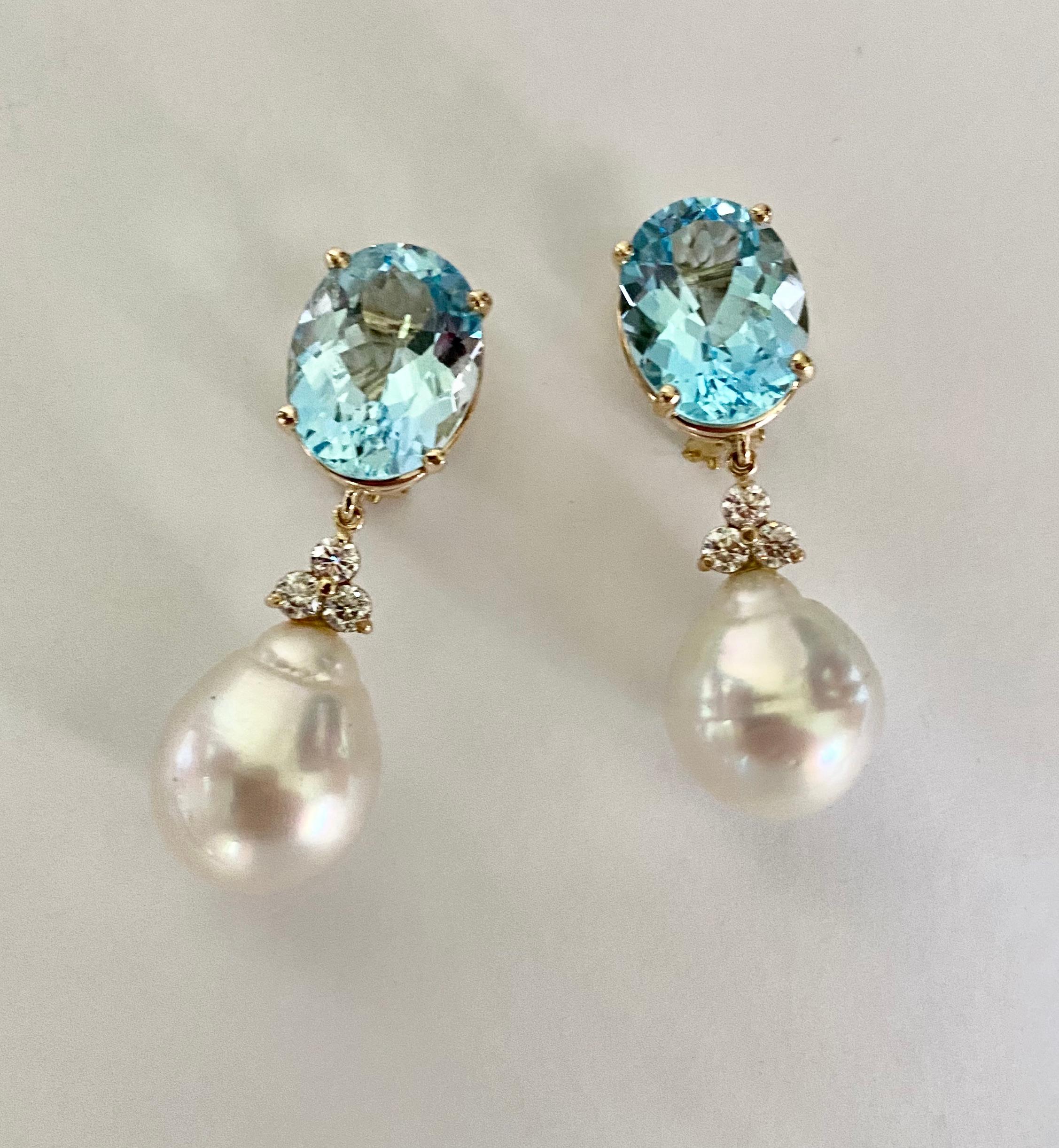 Contemporary Michael Kneebone Sky Blue Topaz Diamond South Seas Pearl Dangle Earring For Sale