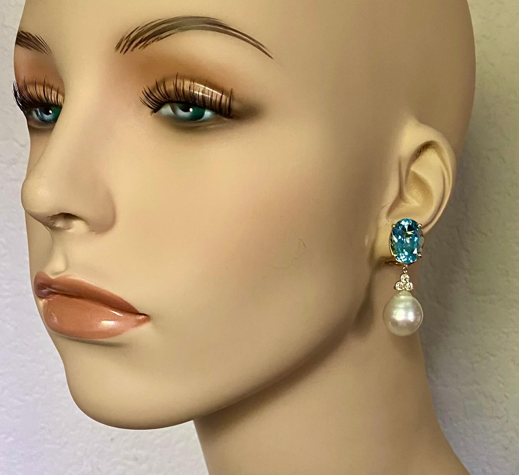 Mixed Cut Michael Kneebone Sky Blue Topaz Diamond South Seas Pearl Dangle Earring For Sale
