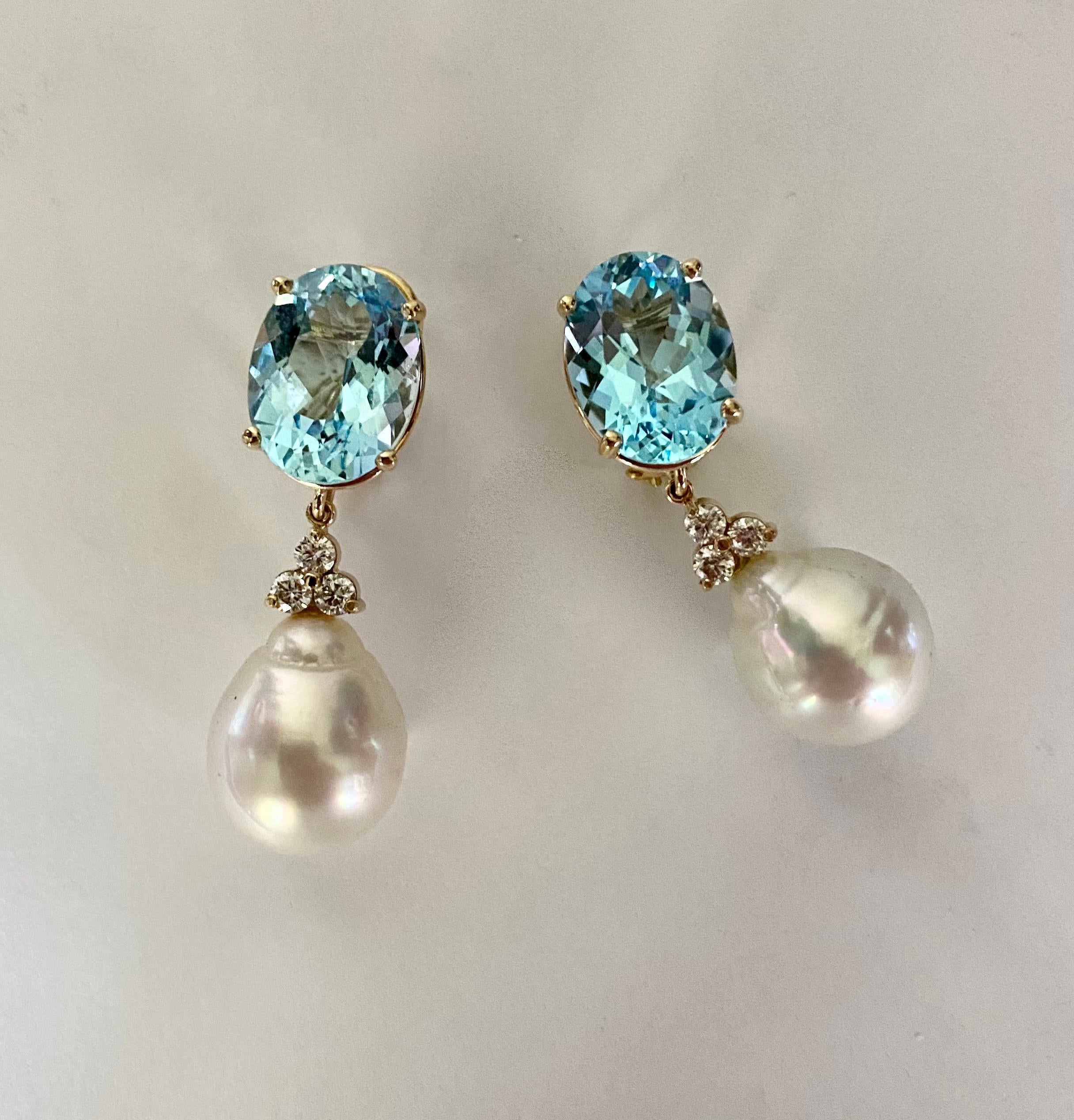Michael Kneebone Sky Blue Topaz Diamond South Seas Pearl Dangle Earring In New Condition For Sale In Austin, TX
