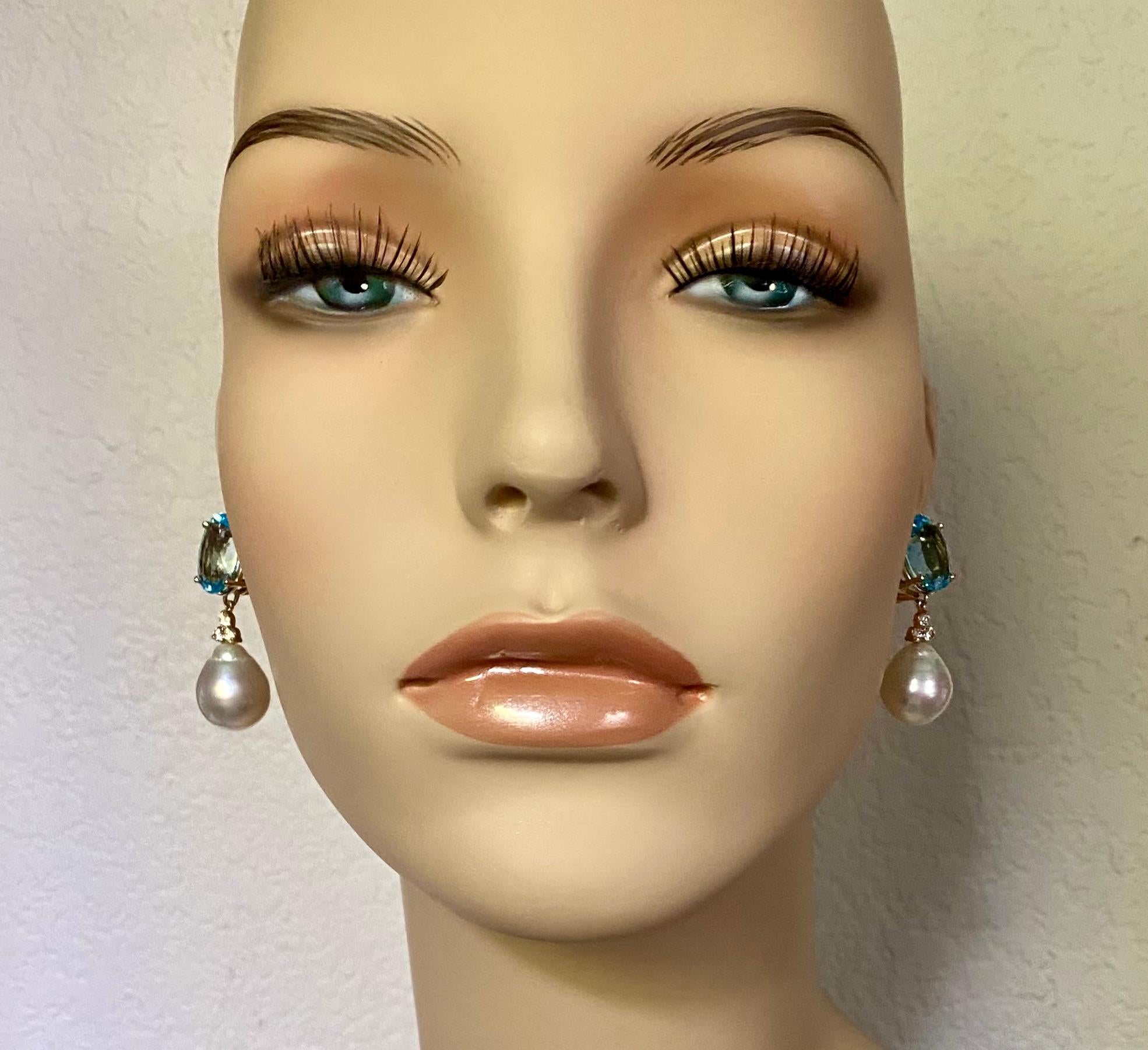 Women's Michael Kneebone Sky Blue Topaz Diamond South Seas Pearl Dangle Earring For Sale