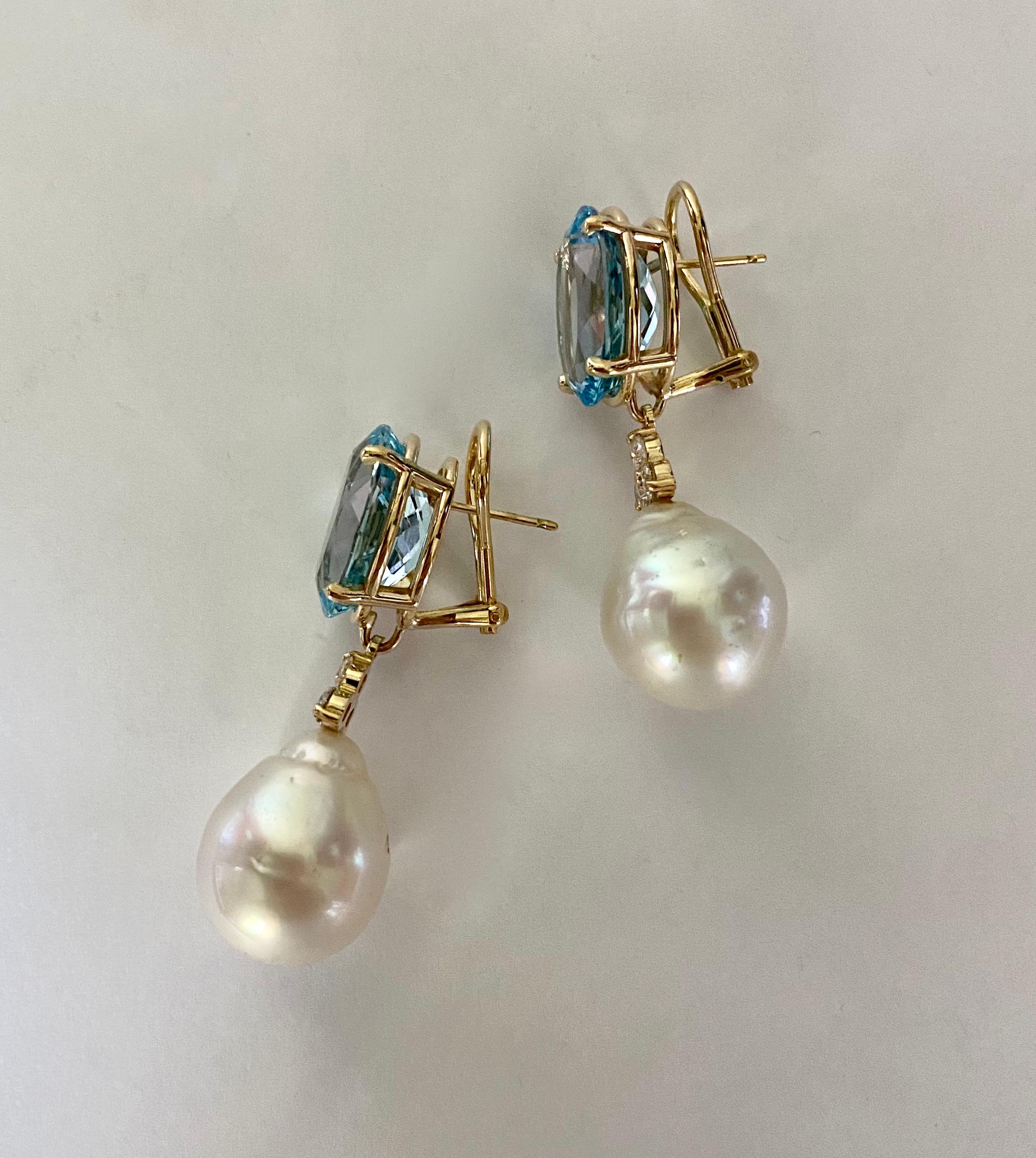 Michael Kneebone Sky Blue Topaz Diamond South Seas Pearl Dangle Earring For Sale 1