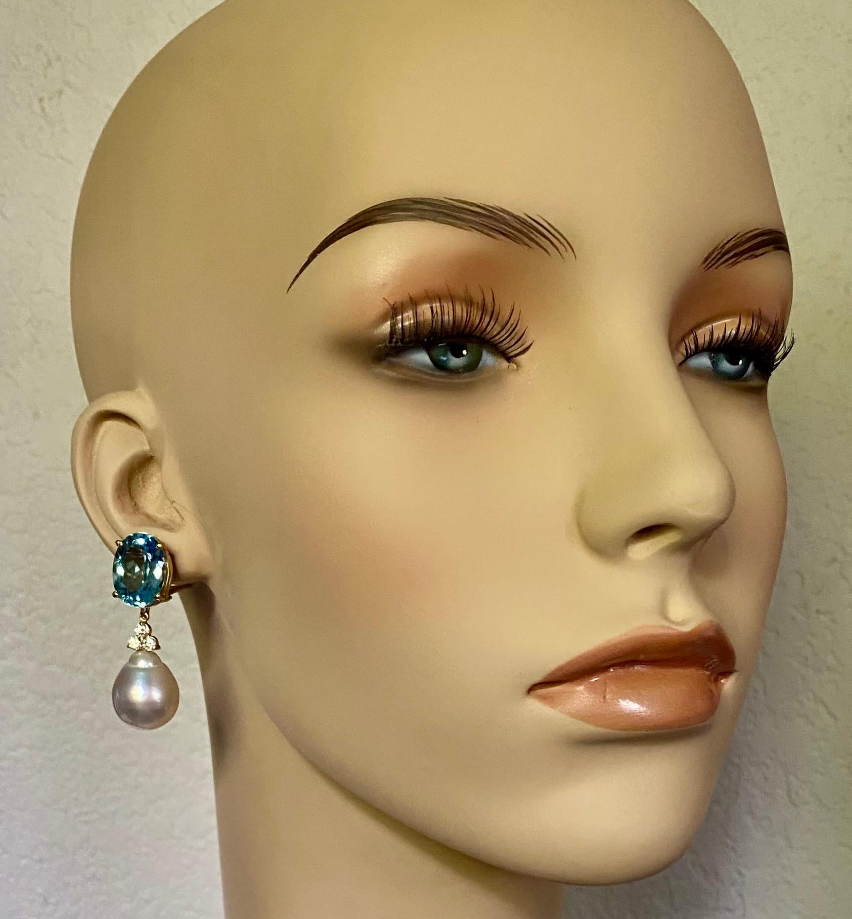 Michael Kneebone Sky Blue Topaz Diamond South Seas Pearl Dangle Earring For Sale 2