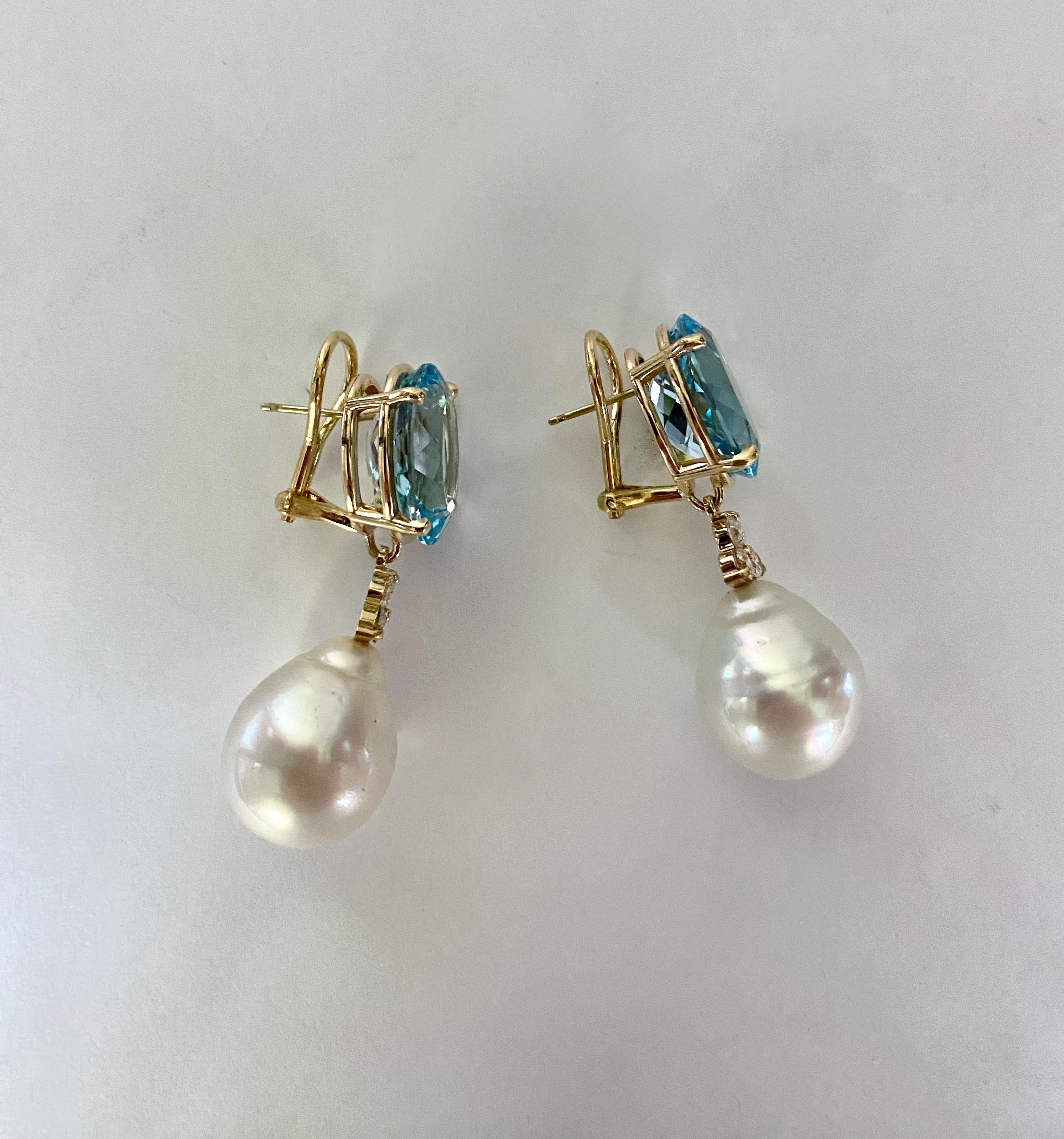 Michael Kneebone Sky Blue Topaz Diamond South Seas Pearl Dangle Earring For Sale 3