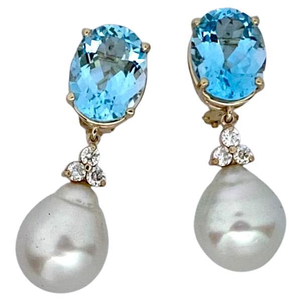 Michael Kneebone Pendants d'oreilles avec topaze bleu ciel, diamant et perle des mers du Sud