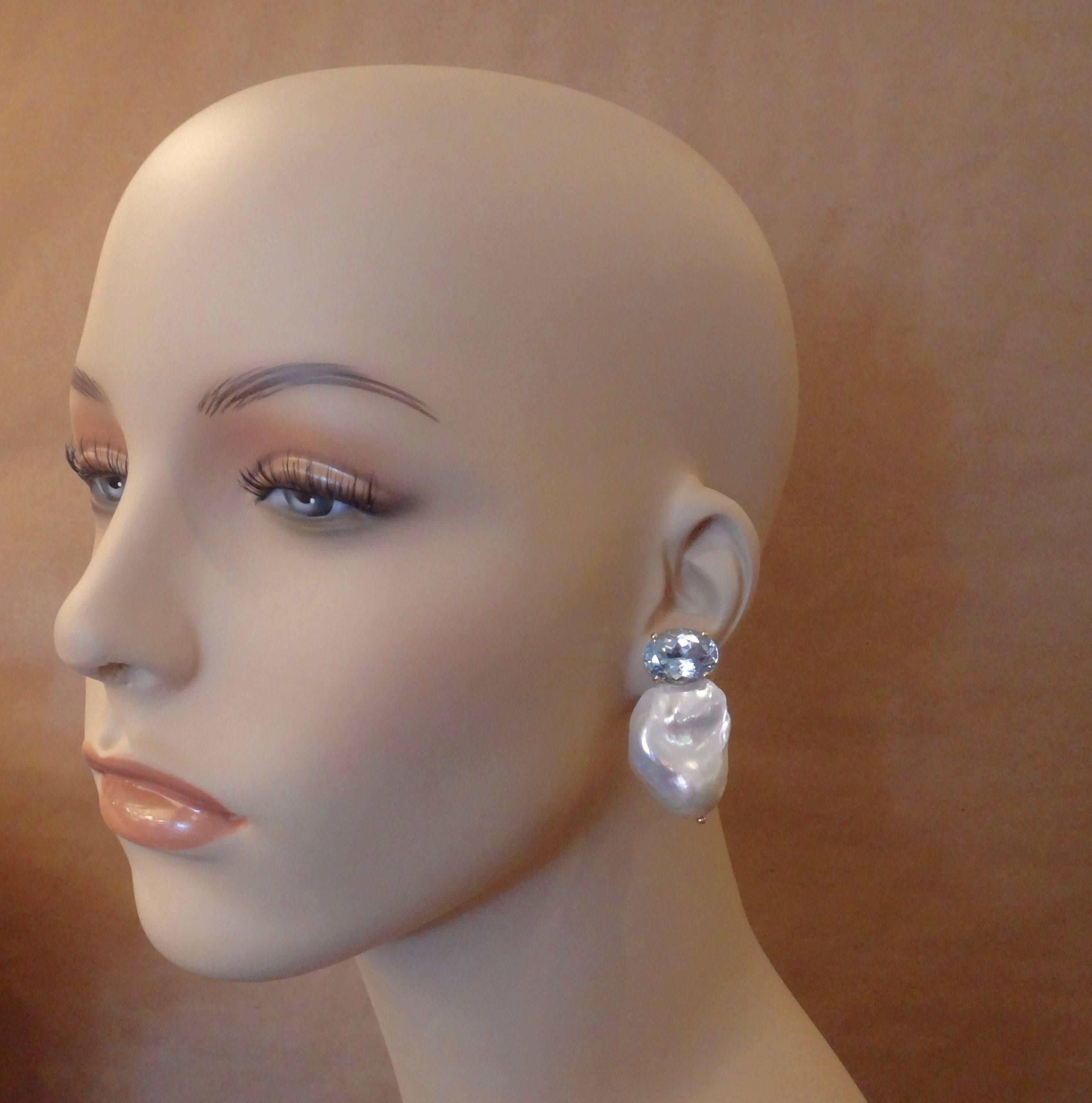 Michael Kneebone Sky Blue Topaz White Baroque Cultured Pearl Earrings 1