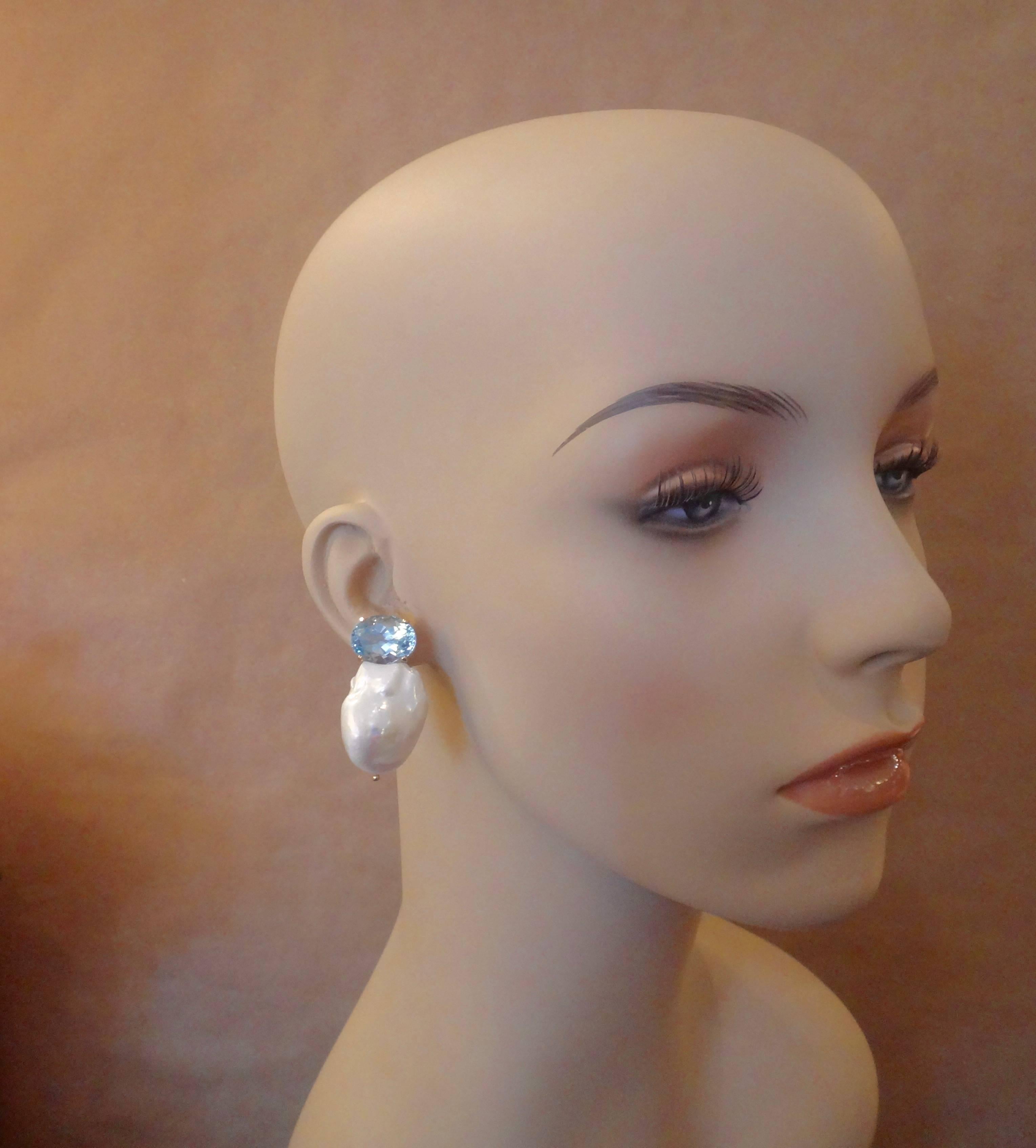 Michael Kneebone Sky Blue Topaz White Baroque Cultured Pearl Earrings 2