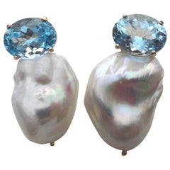 Michael Kneebone Sky Blue Topaz White Baroque Cultured Pearl Earrings