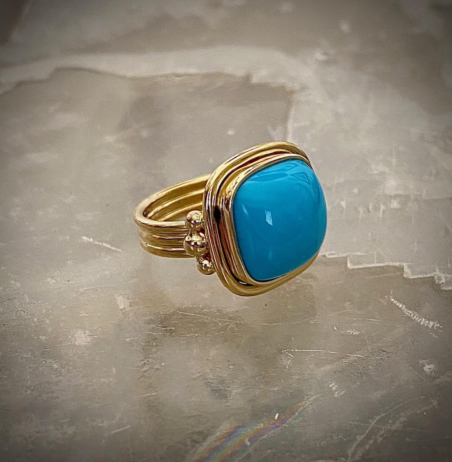 Sleeping Beauty turquoise is featured in this archaic style ring.  Sleeping Beauty turquoise (origin: Arizona) is considered to be the finest in the world.  The gem is becoming increasingly difficult to acquire as the mine was closed in 2012.  This