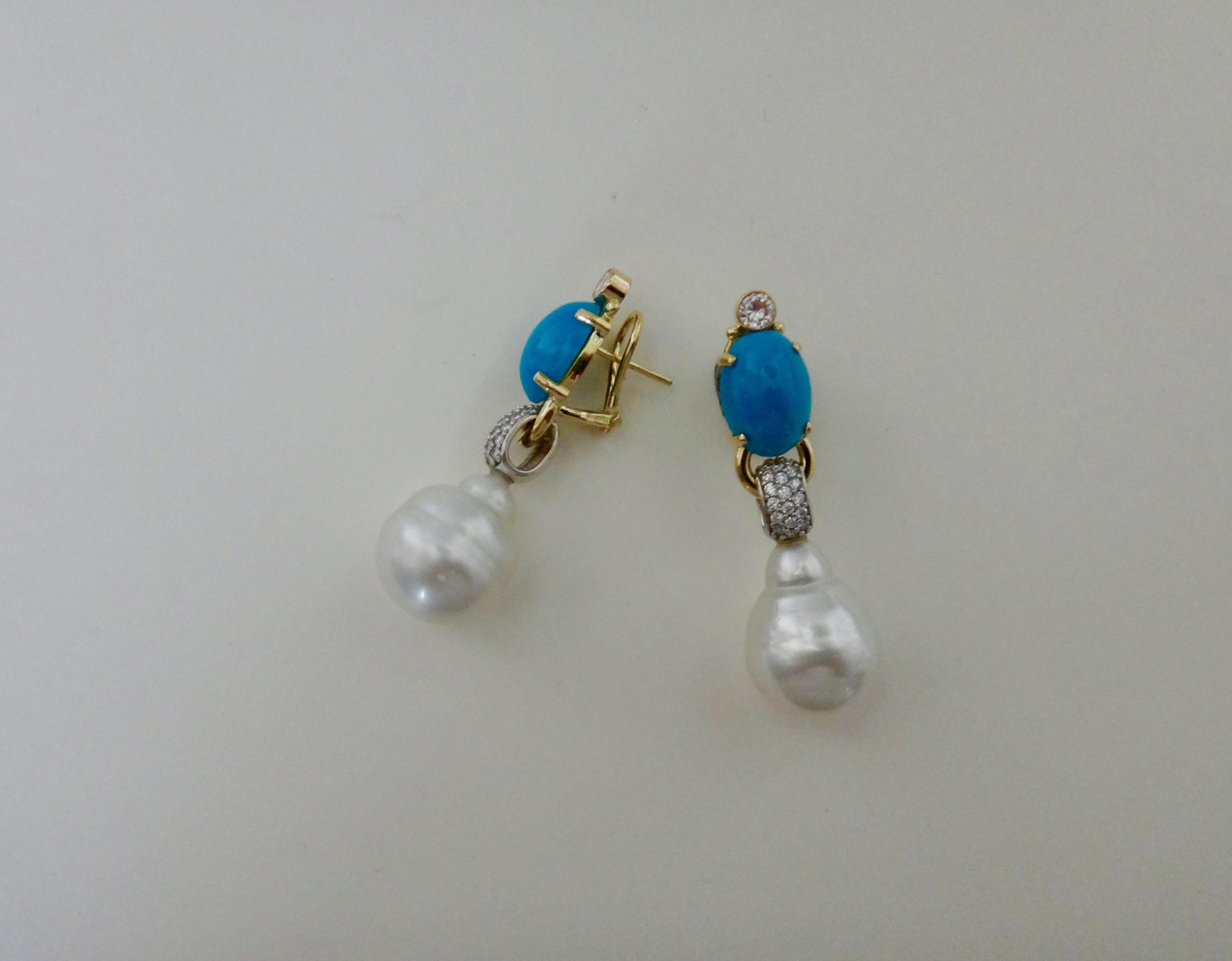 Michael Kneebone Sleeping Beauty Turquoise Diamond Baroque Pearl Earrings In Excellent Condition In Austin, TX