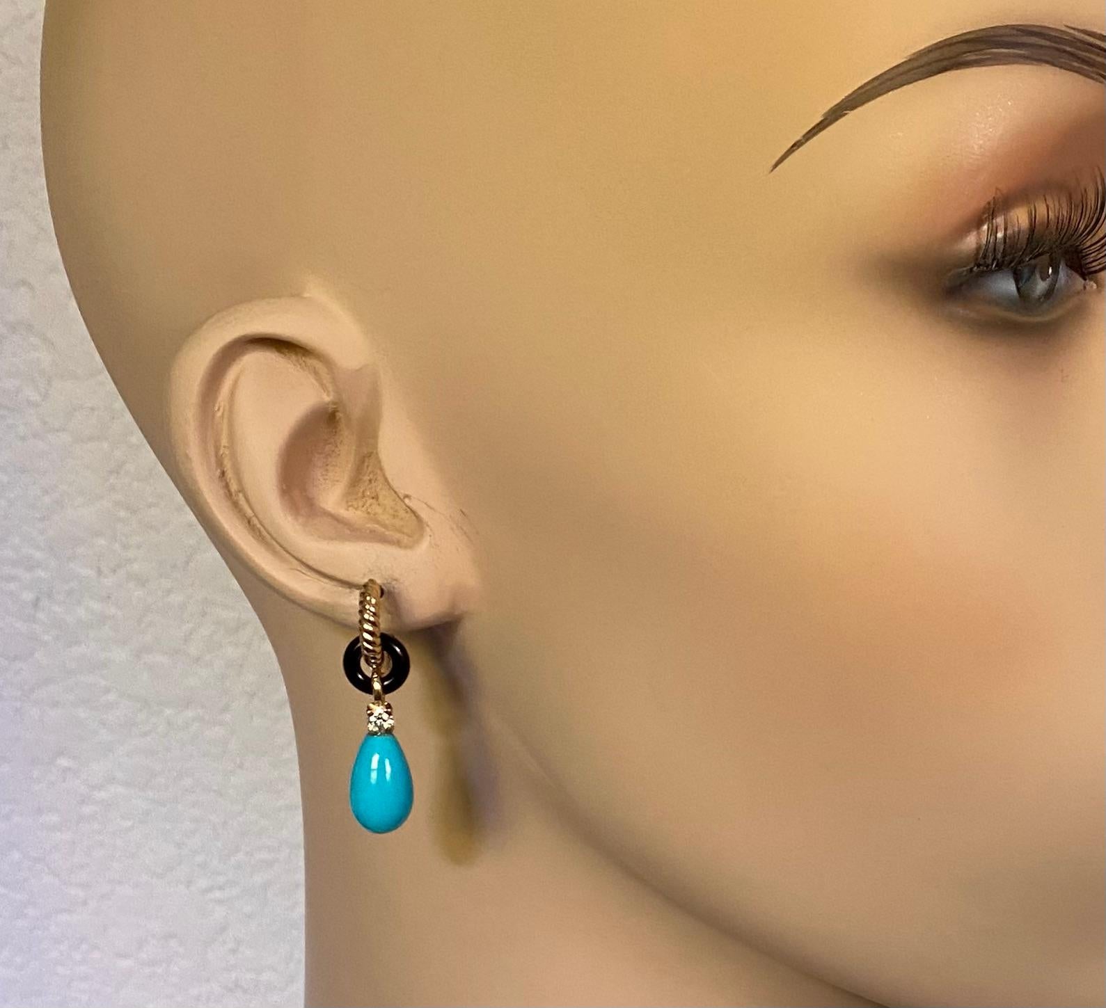 Sleeping Beauty turquoise drops are featured in these dainty dangle earrings.  The turquoise is from the famous Sleeping Beauty Mine in Arizona.  The mine is now permanently closed making this material difficult to find.  The drops are perfectly