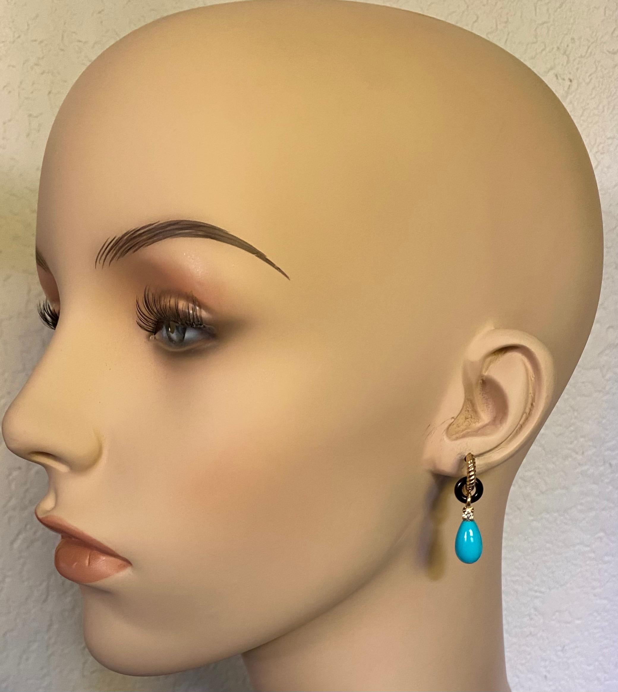 Mixed Cut Michael Kneebone Sleeping Beauty Turquoise Onyx Diamond Dangle Earrings For Sale