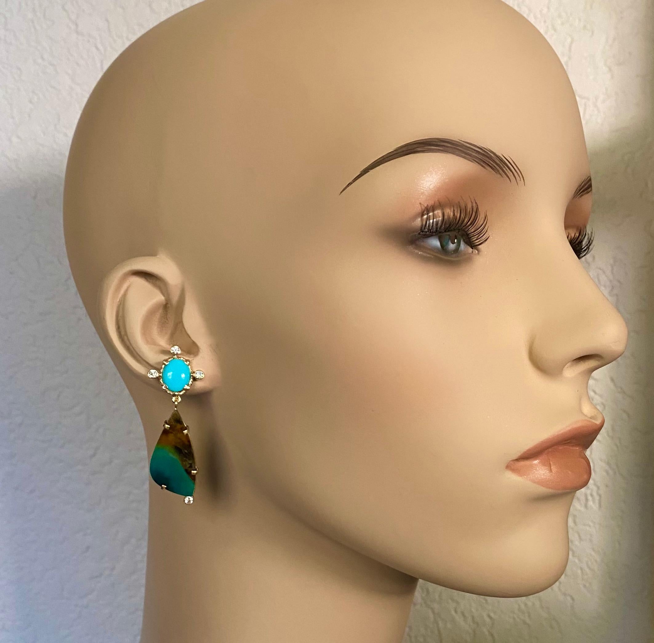 Opalized wood (origin: Australia) is featured in these stylish dangle earrings.  Opalized wood forms when silica-rich water infiltrated the wood's cellular structure.  It gradually replaces the original organic material, atom by atom with opal. 