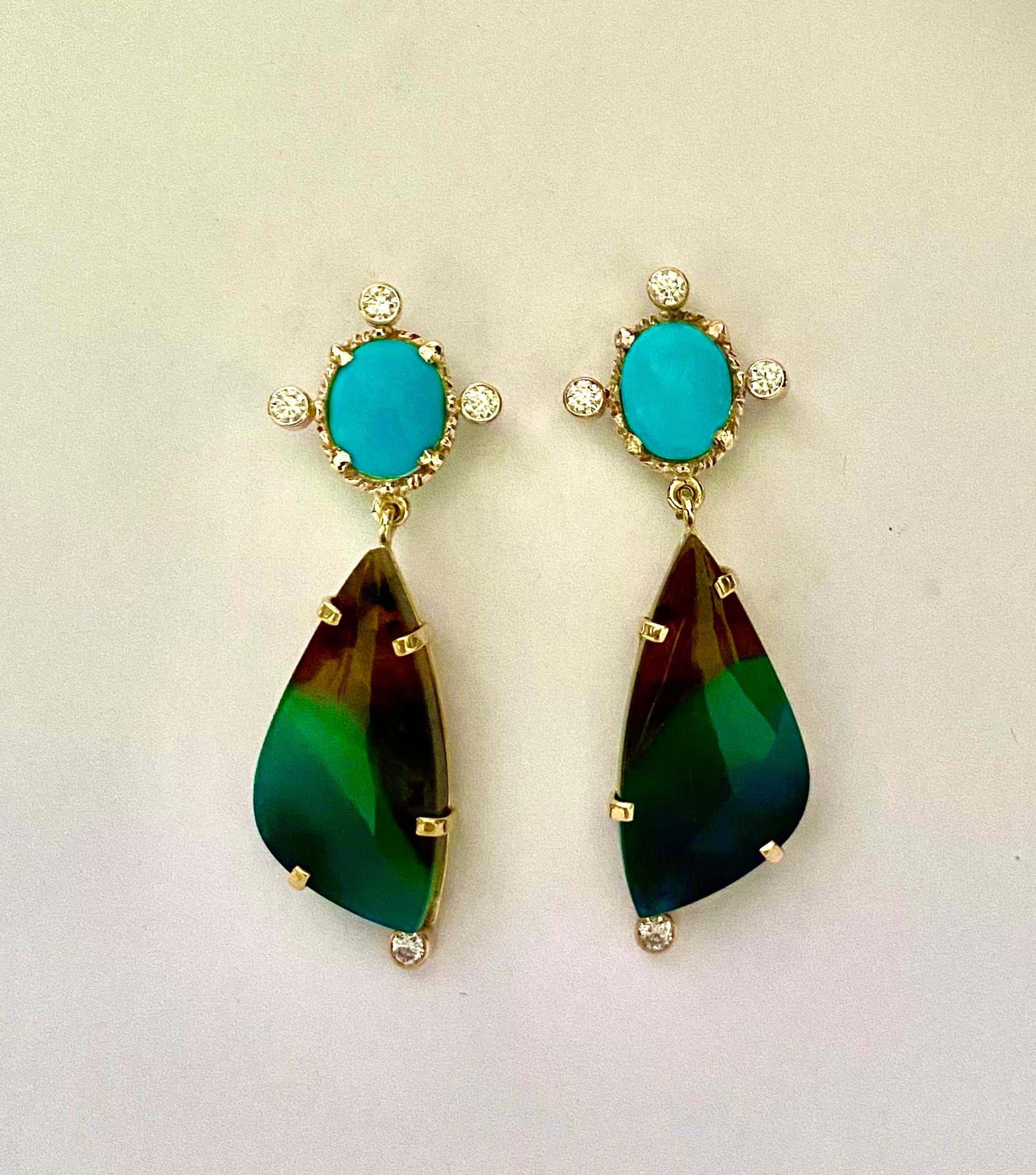 Contemporary Michael Kneebone Sleeping Beauty Turquoise Opalized Wood Diamond Dangle Earrings For Sale
