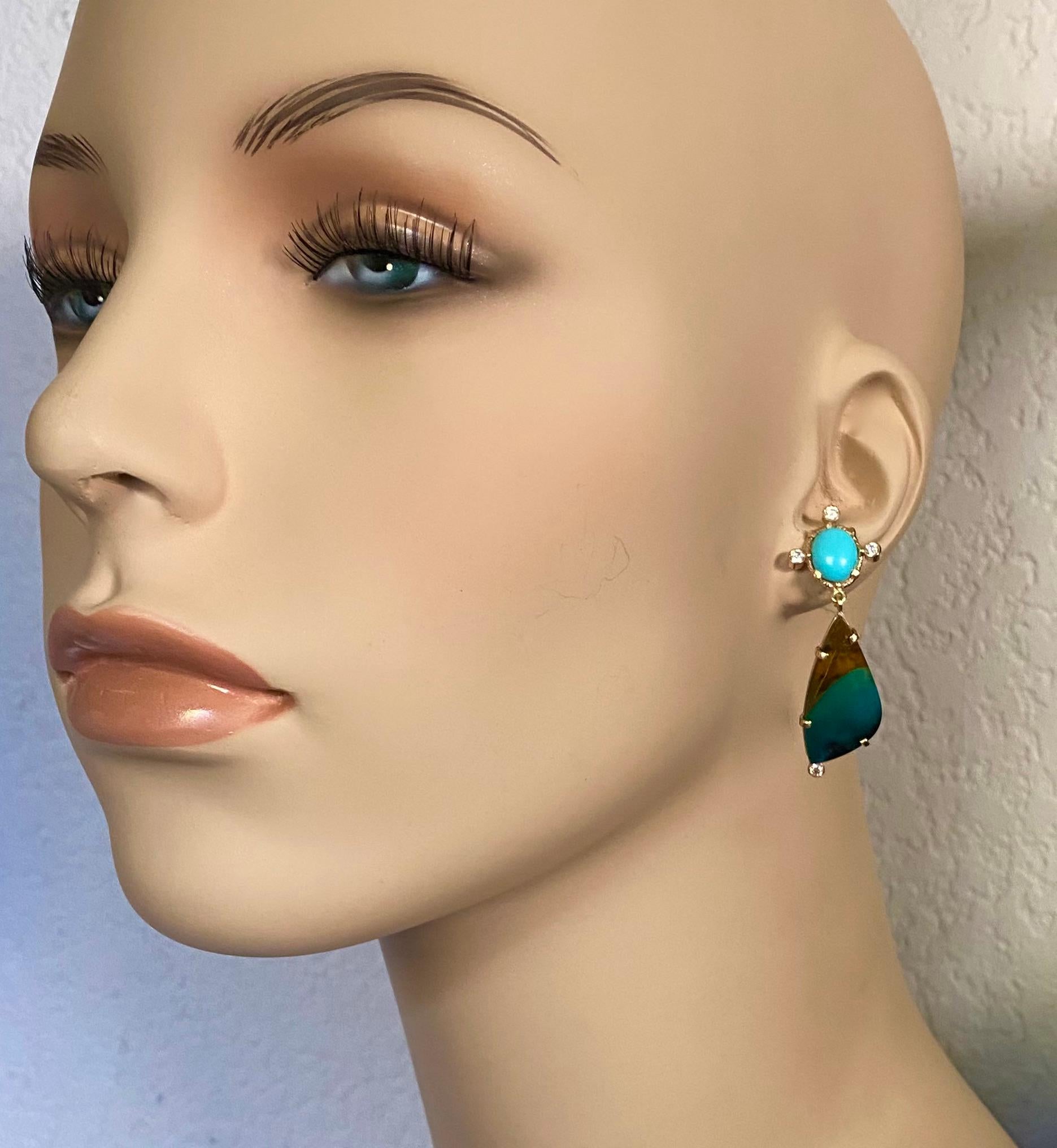 Mixed Cut Michael Kneebone Sleeping Beauty Turquoise Opalized Wood Diamond Dangle Earrings For Sale
