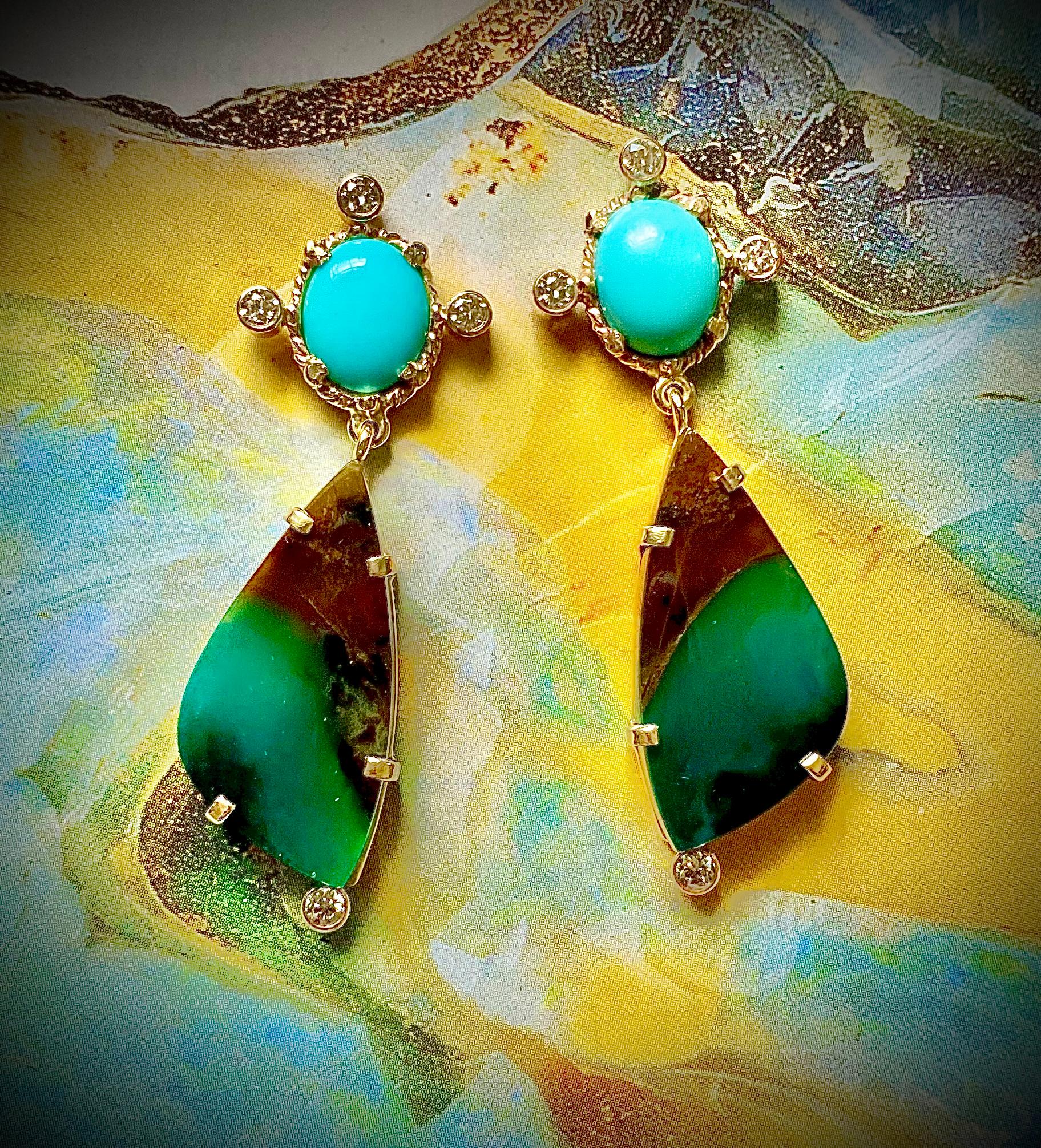 Michael Kneebone Sleeping Beauty Turquoise Opalized Wood Diamond Dangle Earrings In New Condition For Sale In Austin, TX