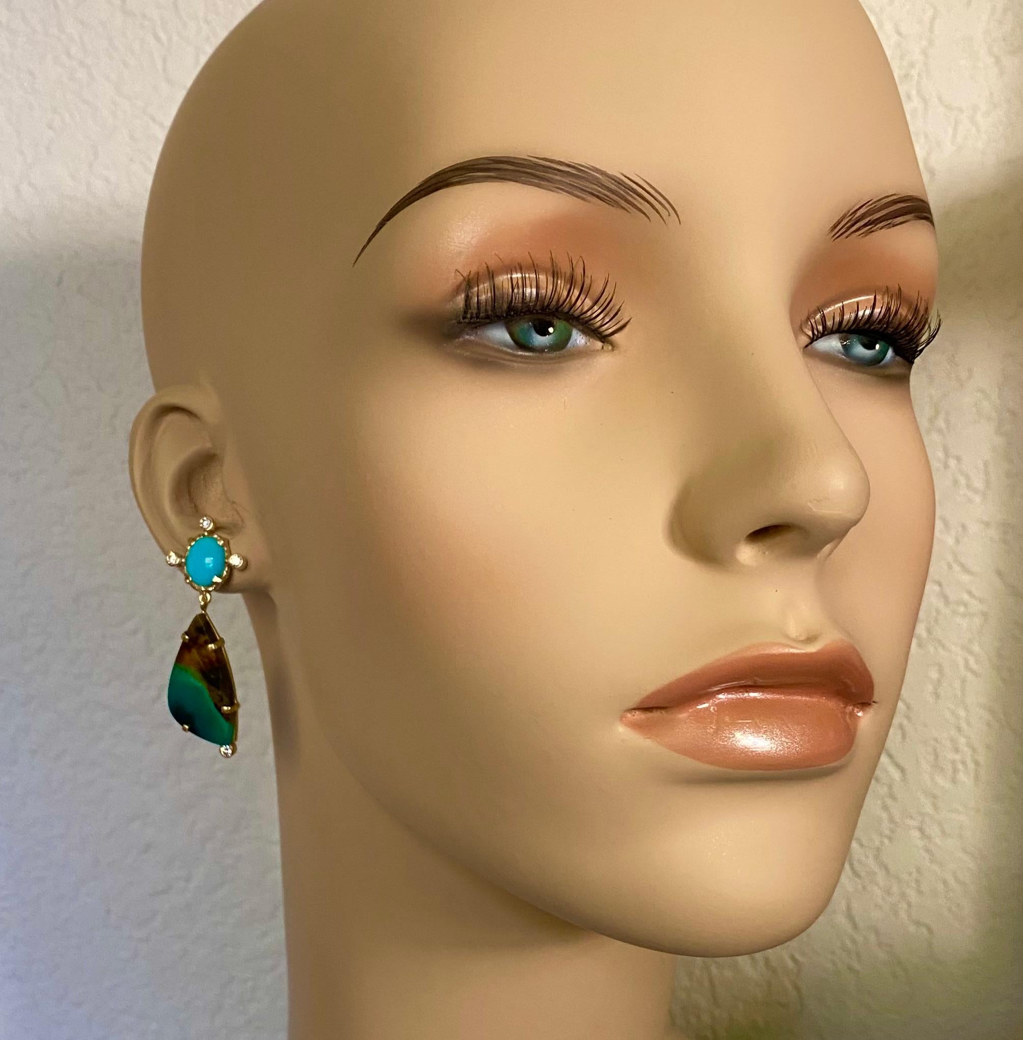 Women's Michael Kneebone Sleeping Beauty Turquoise Opalized Wood Diamond Dangle Earrings For Sale