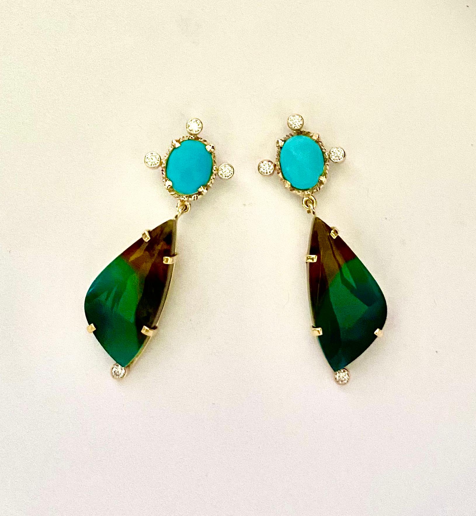Michael Kneebone Sleeping Beauty Turquoise Opalized Wood Diamond Dangle Earrings For Sale 1