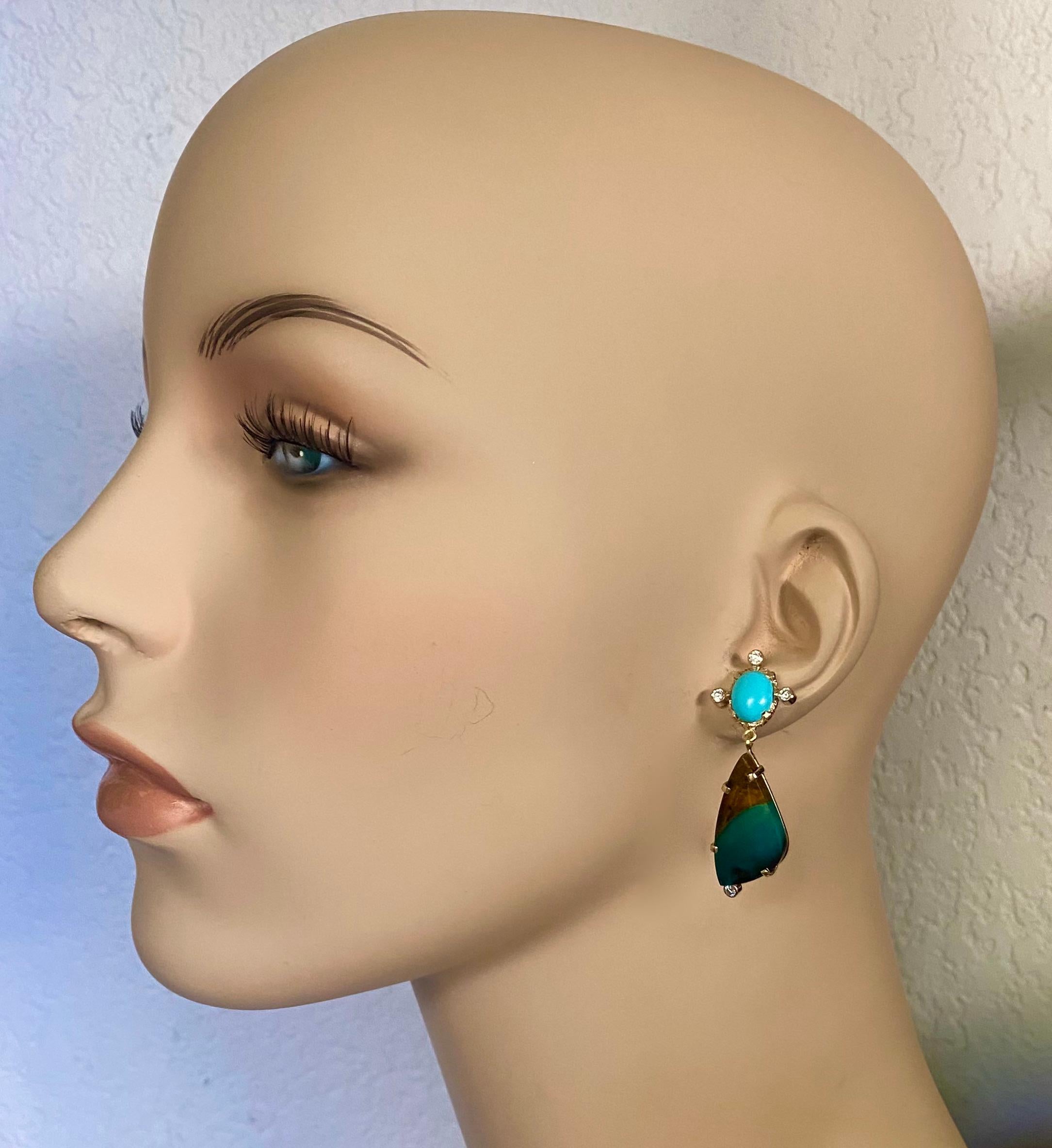Michael Kneebone Sleeping Beauty Turquoise Opalized Wood Diamond Dangle Earrings For Sale 2