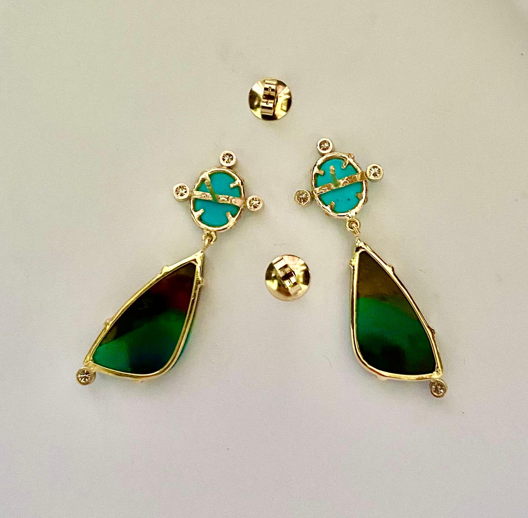 Michael Kneebone Sleeping Beauty Turquoise Opalized Wood Diamond Dangle Earrings For Sale 3