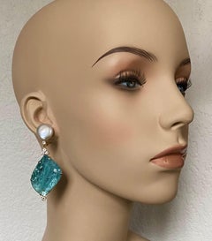 Michael Kneebone Sliced Aquamarine Coin Pearl White Diamond Dangle Earrings