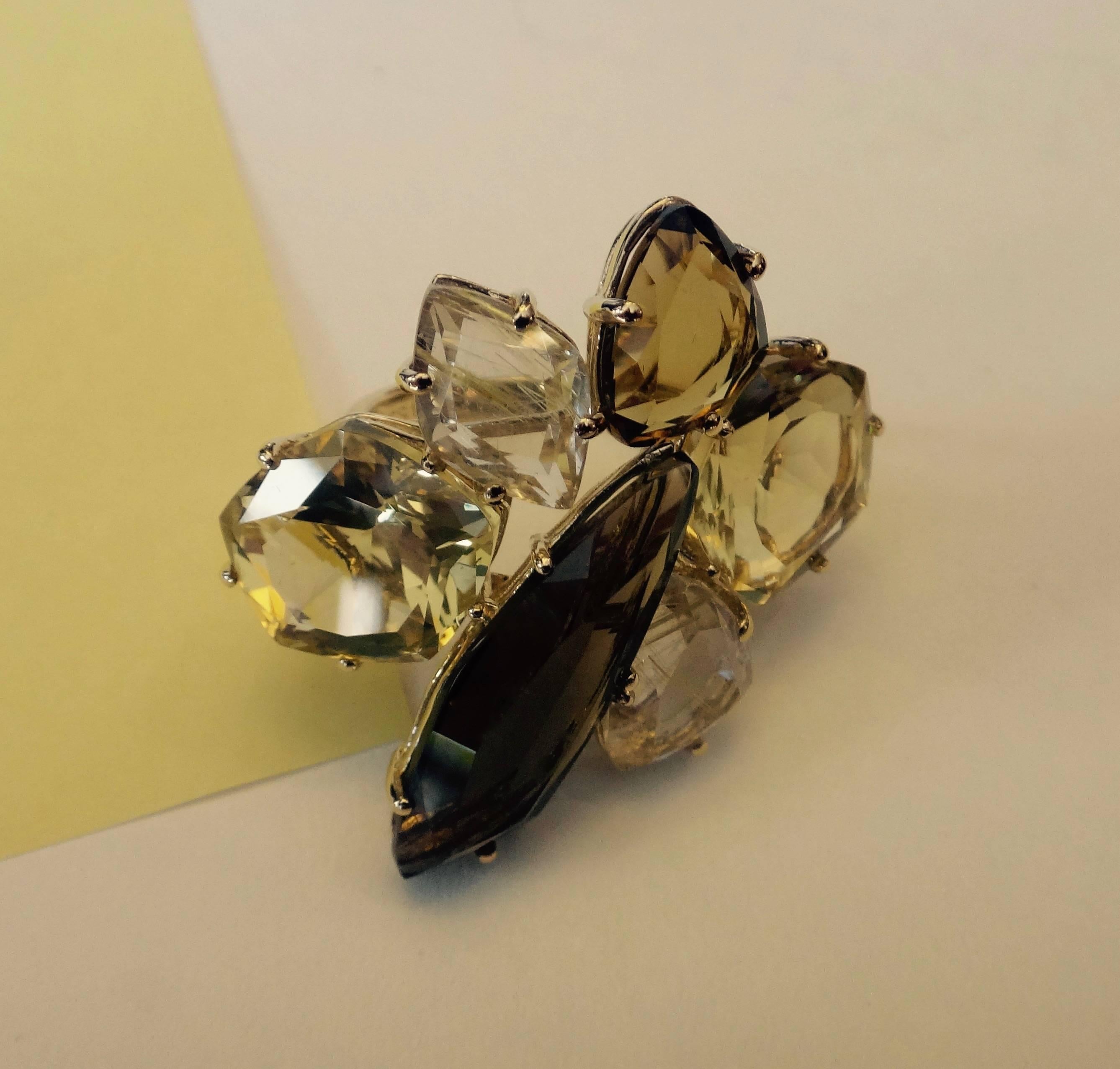 Michael Kneebone Smokey Quartz Lemon Citrine Rutilated Quartz Gold Cluster Ring In Excellent Condition In Austin, TX